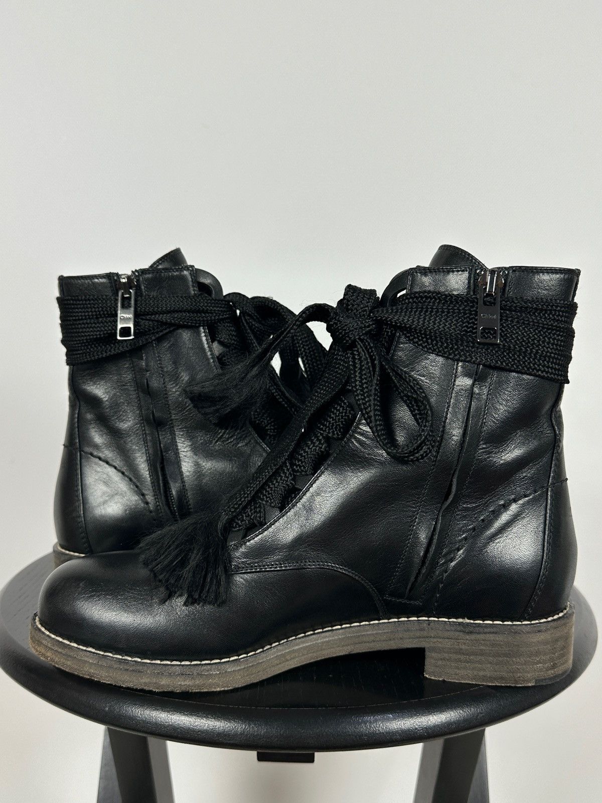 Chloe Chloe Harper Black Leather Combat Lace Up Ankle Boots Size US 6 / IT 36 - 8 Thumbnail