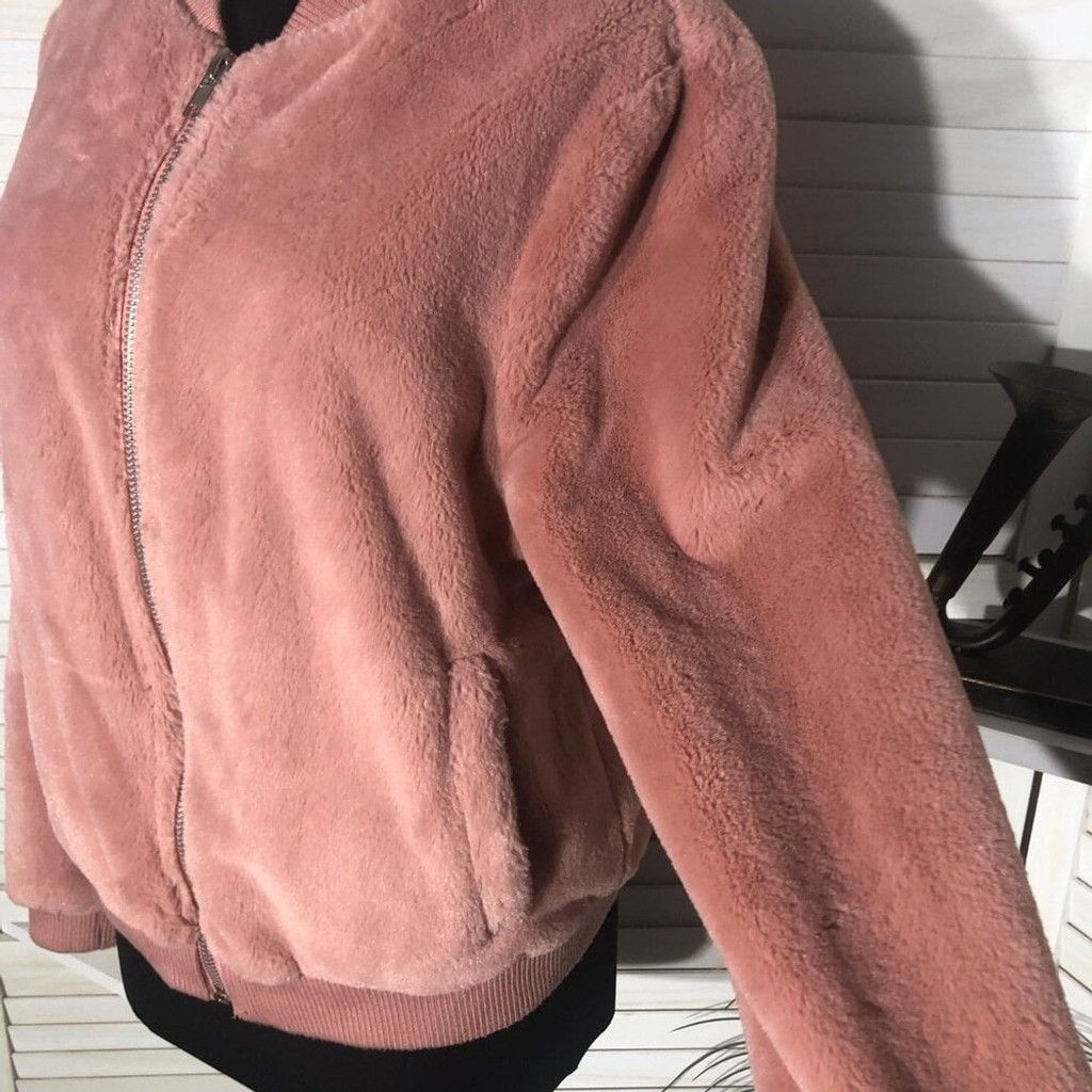Forever 21 Bomber Jacket Faux Fur Zip Front Ribbed Side Pockets Pink L Size L / US 10 / IT 46 - 13 Thumbnail