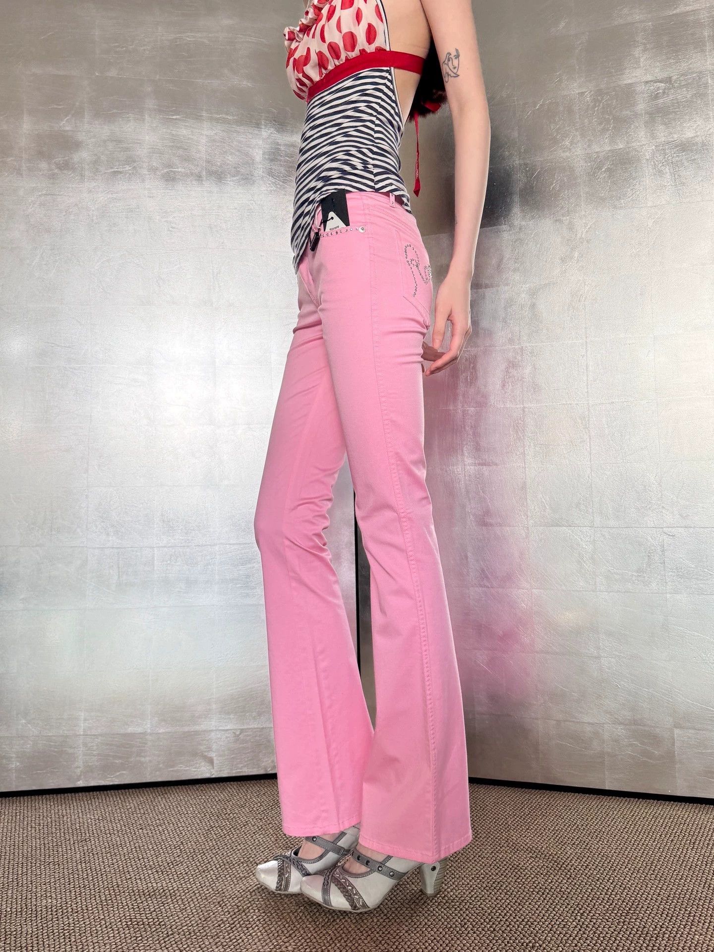 Other Italian Vintage y2k Crystal Cotton Low-Rise Straight Pants Size 27" / US 4 / IT 40 - 5 Thumbnail