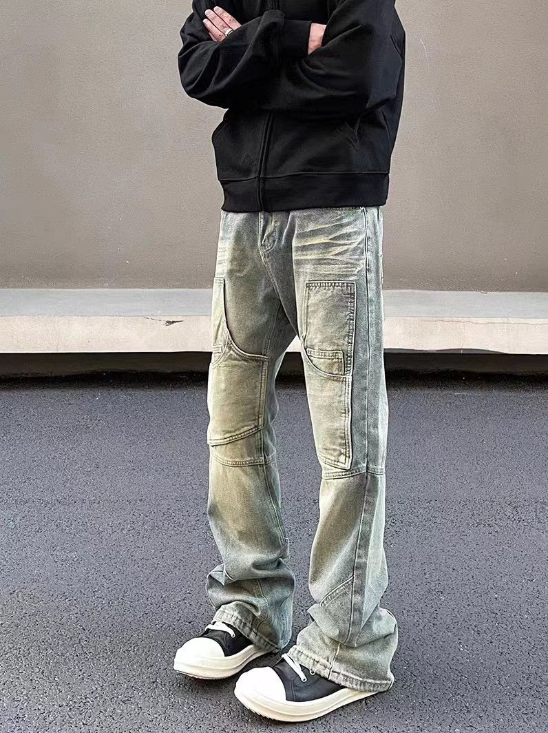 Retro yellow mud-dyed distressed work jeans
