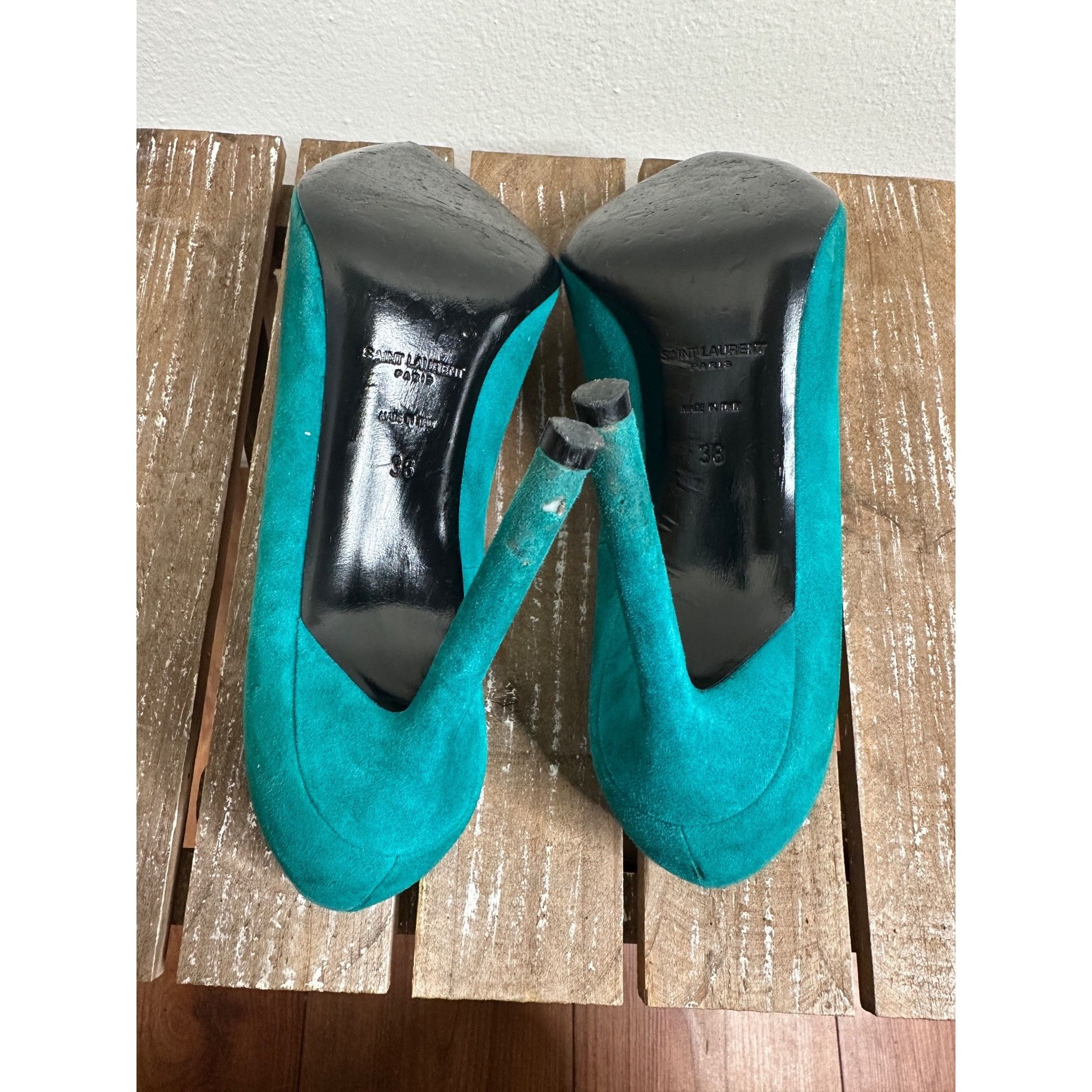 Saint Laurent Paris Saint Laurent Paris Anja Green Suede Heels Size US 8 / IT 38 - 6 Thumbnail