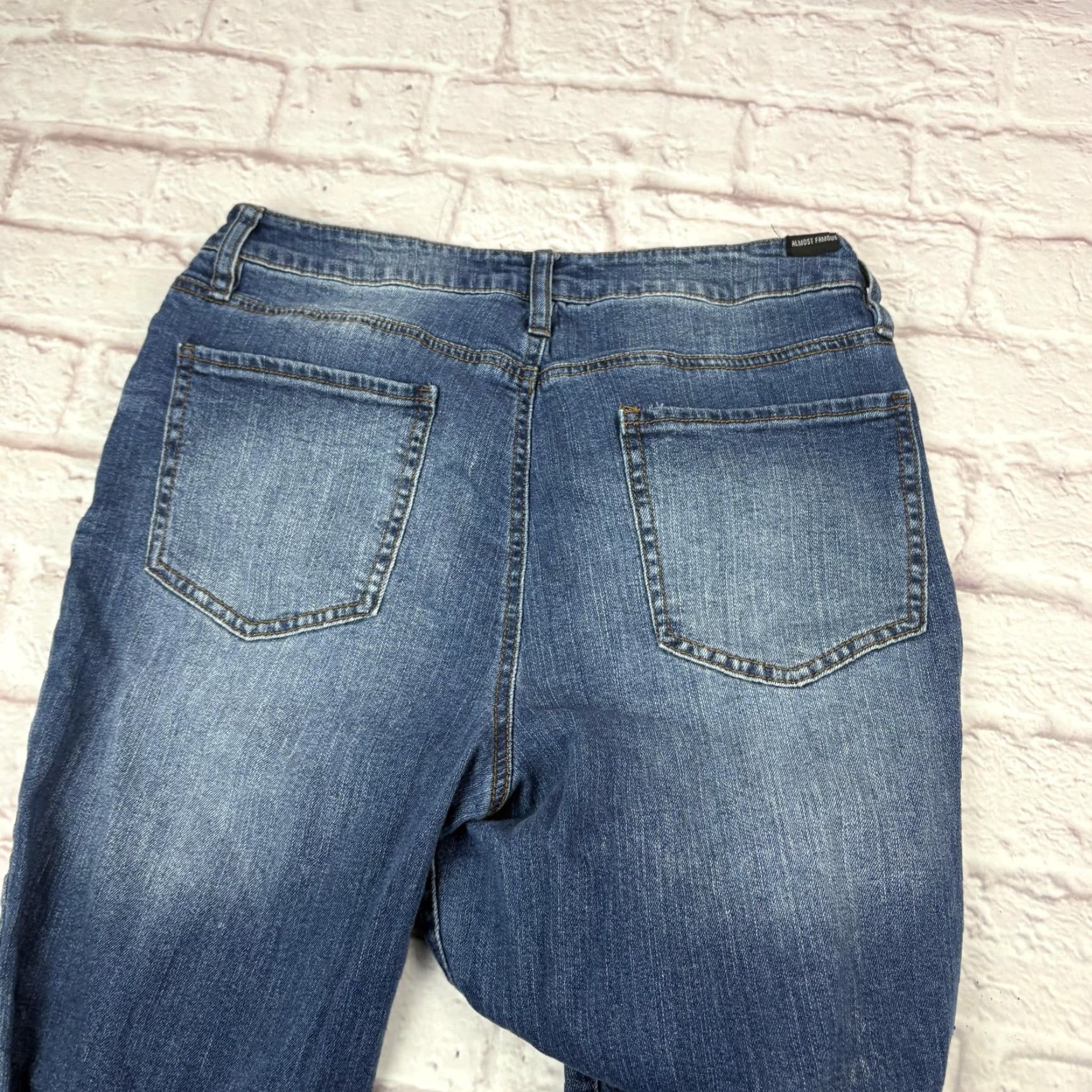 Almost Famous Almost Famous Jeans Womens 13 Medium Wash Blue Distressed Flare Raw Hem 30x30 Size 30" / US 8 / IT 44 - 4 Thumbnail