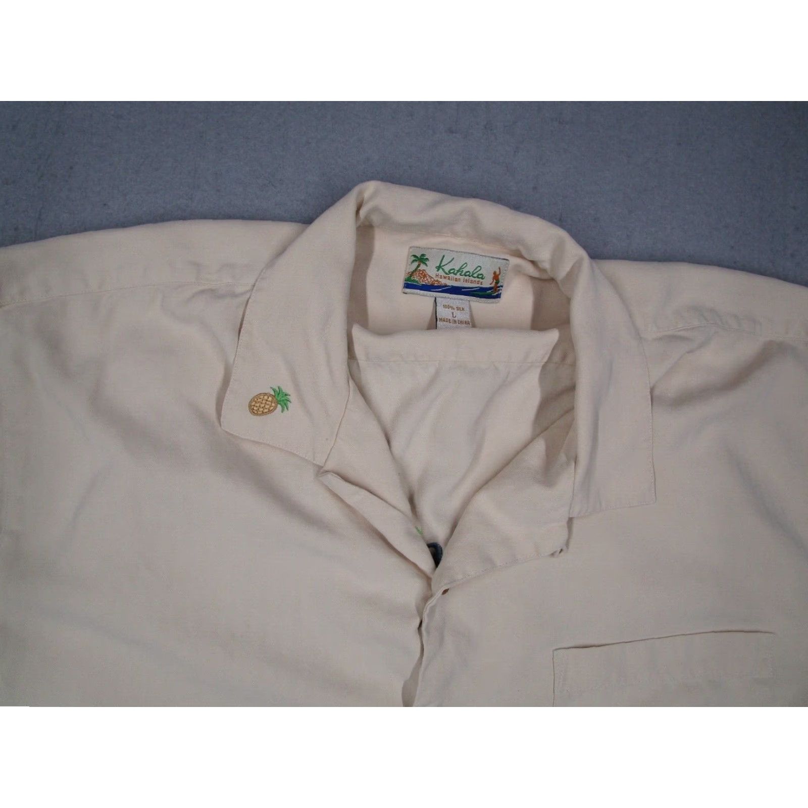 Paradise Kahala Mens Large Beige Silk Button Up Short Sleeve Hawaiian Shirt Paradise Golf Embroidered Tropical Beach Size US L / EU 52-54 / 3 - 2 Thumbnail
