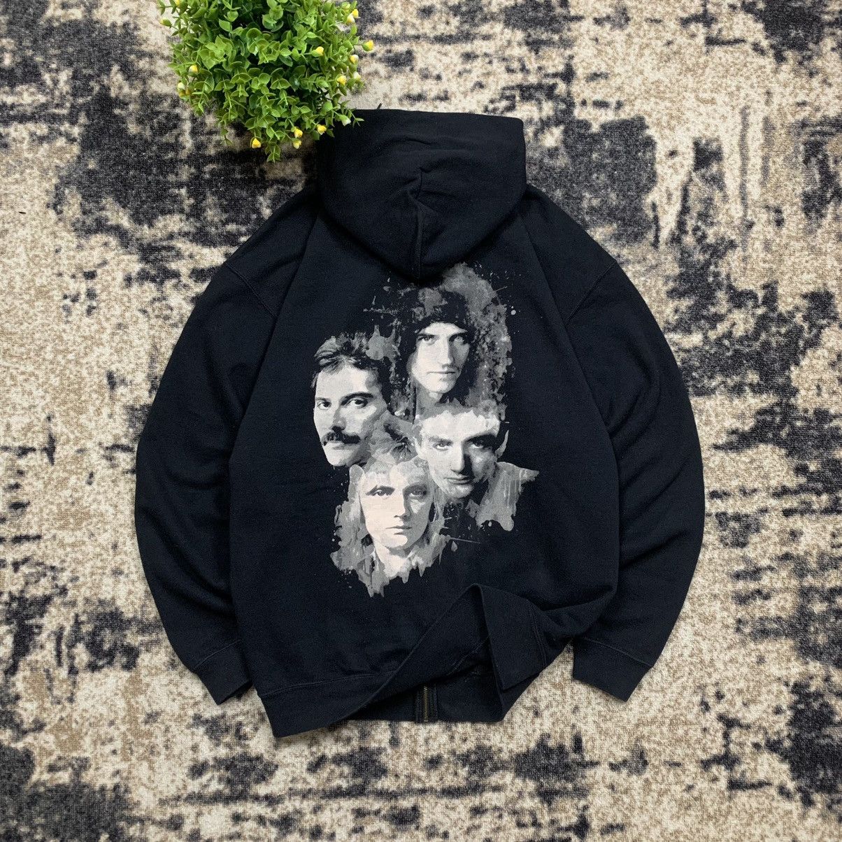 image of Queen Tour Tee x Rock Band Vintage Y2K Queen Faces Logo Zip Up Baggy Rock Band Hoodie in Black (Siz