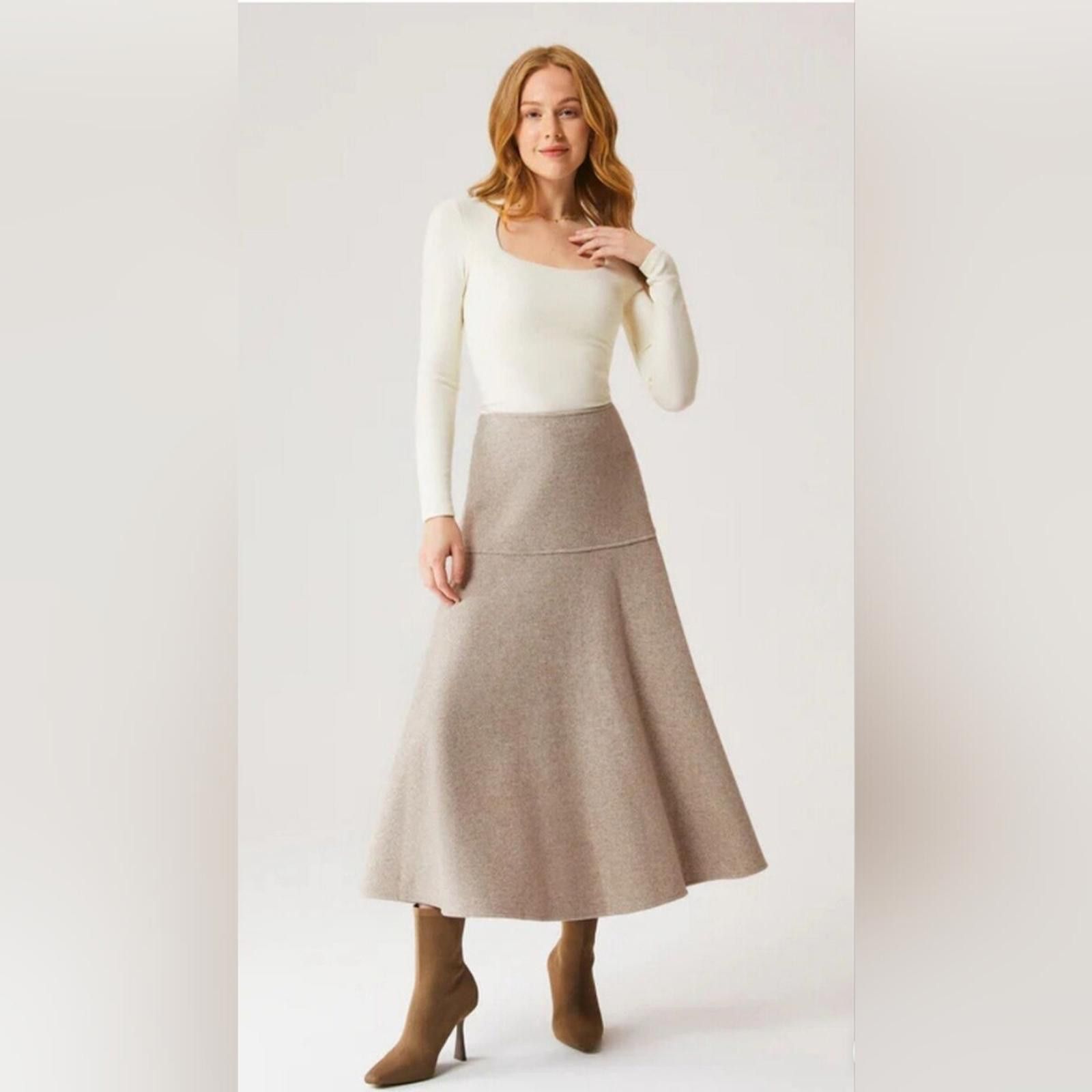 Designer OGL Tan Cream CashSoftWool-like Flared Maxi Skirt Size 28" / US 6 / IT 42 - 5 Thumbnail