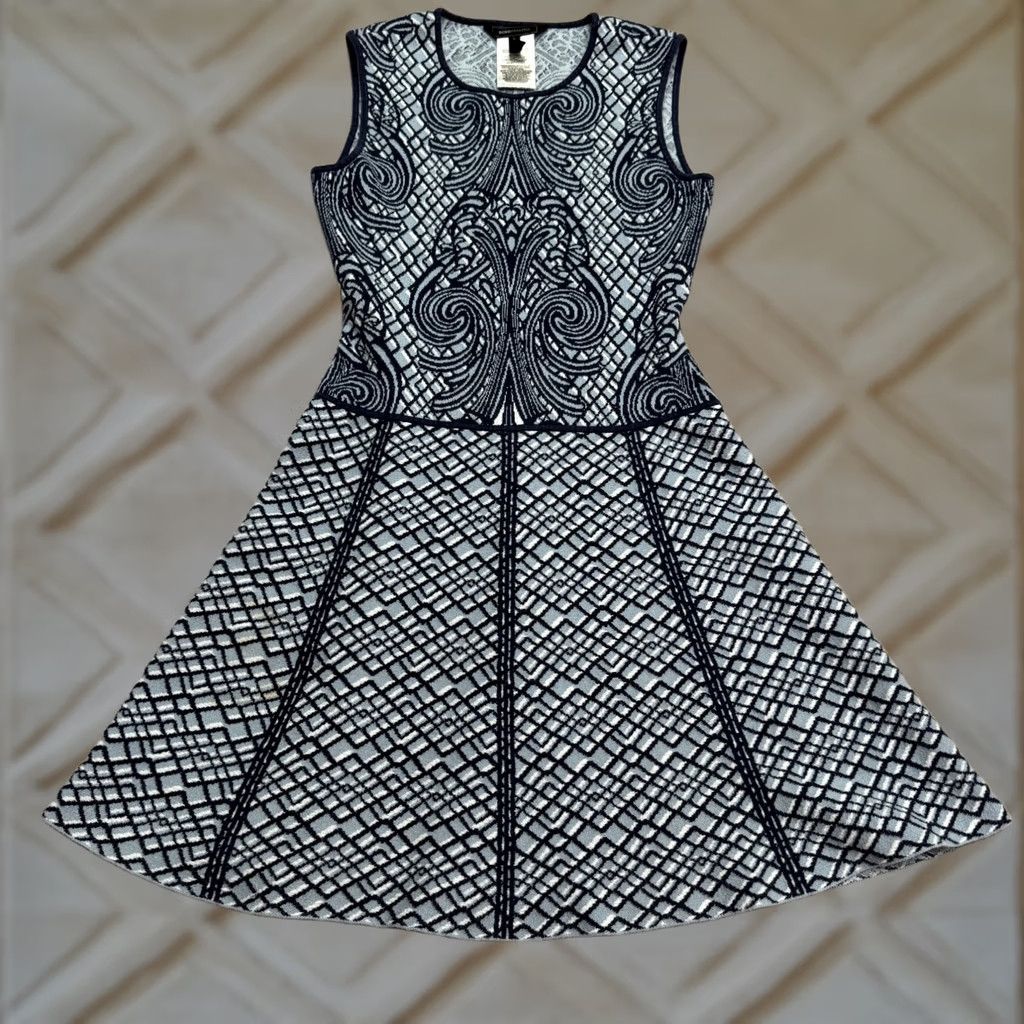 Bcbgmaxazria BCBGMAXAZRIA Blue Geometric Jacquard Knit Mini Dress Womens Medium Size M / US 6-8 / IT 42-44 - 1 Thumbnail