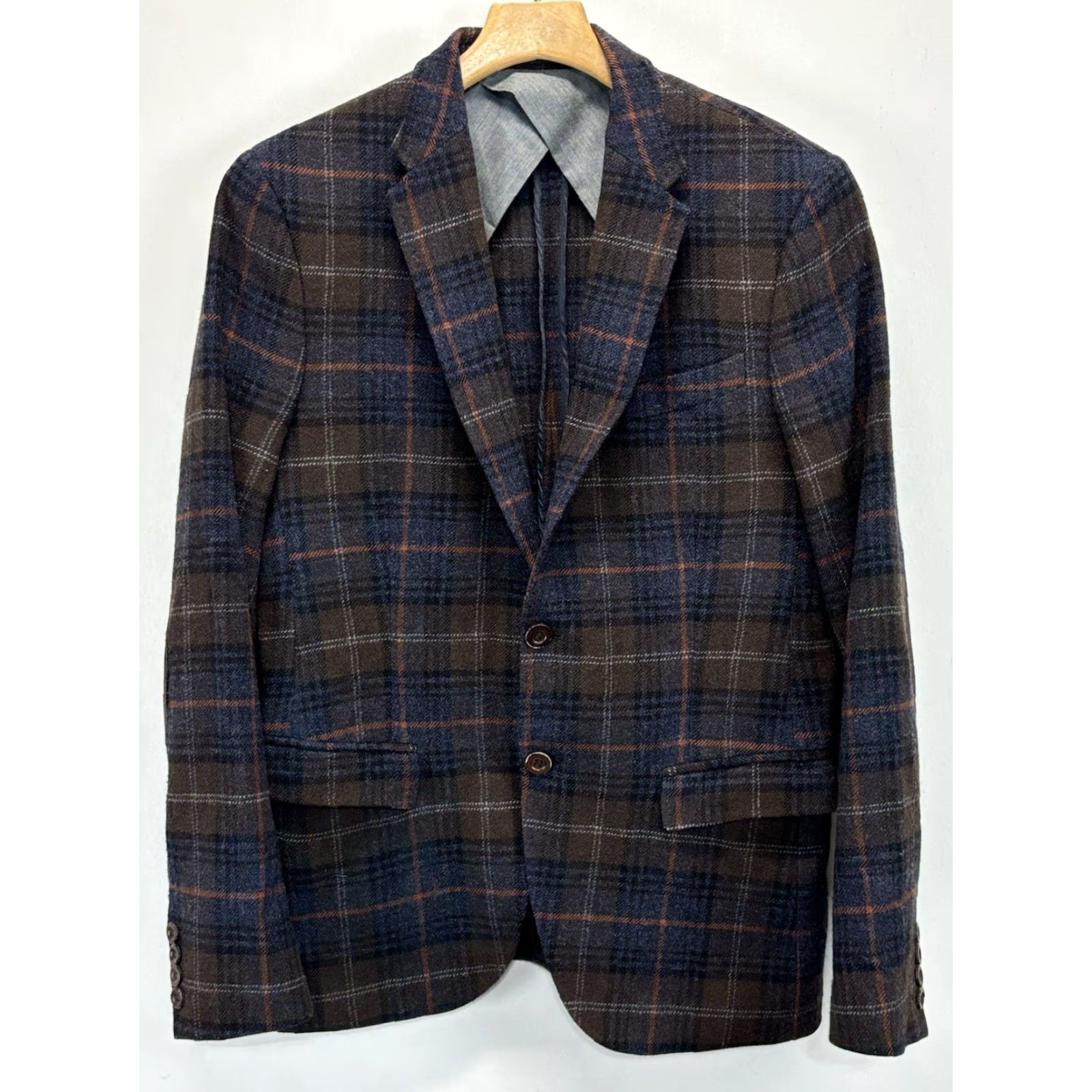 Gazzarrini Gazzarrini Blazer Sports Coat Wool Blend Plaid Brown Men 40R Two-Button Preppy Elbow Patches Italy Mens Size 40R - 2 Thumbnail