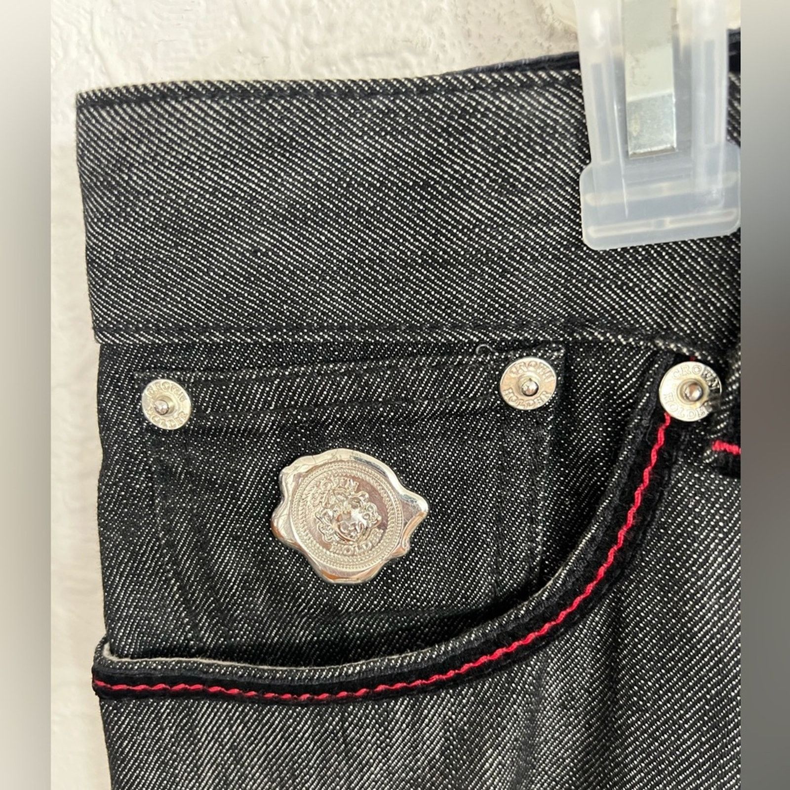 Vintage Crown Holder Jeans Men 36x34 Black Wide Leg Embroidered Y2K Size US 36 / EU 52 - 4 Thumbnail