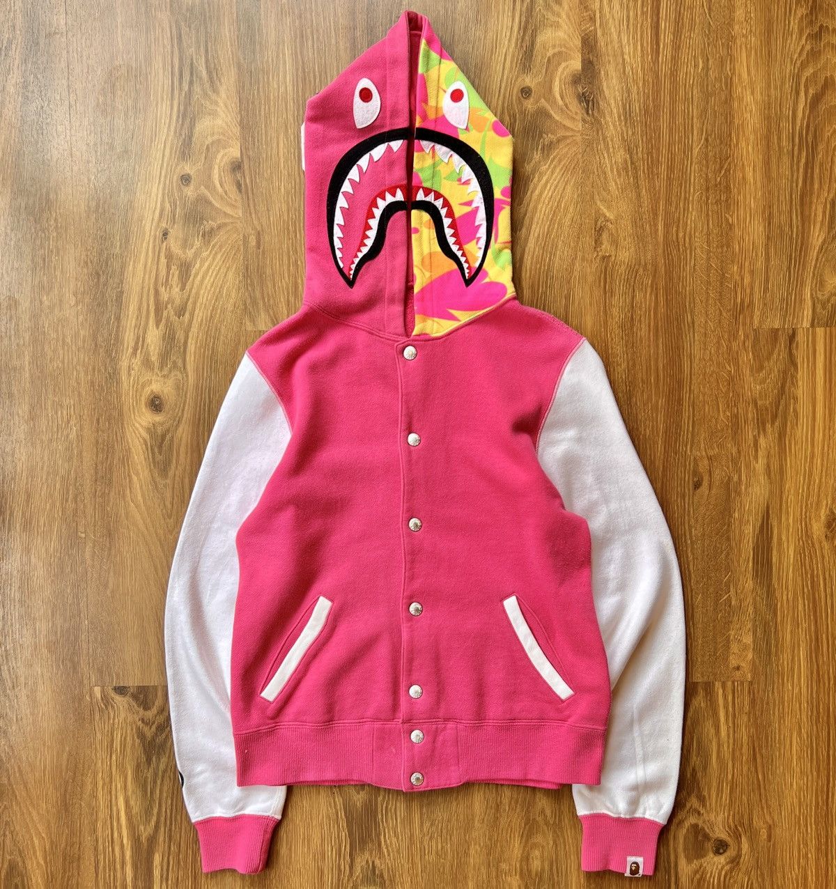 Bape Rare Bape Shark Camo Varsity Jacket / Hoodie (Pink) Size S / US 4 / IT 40 - 1 Thumbnail