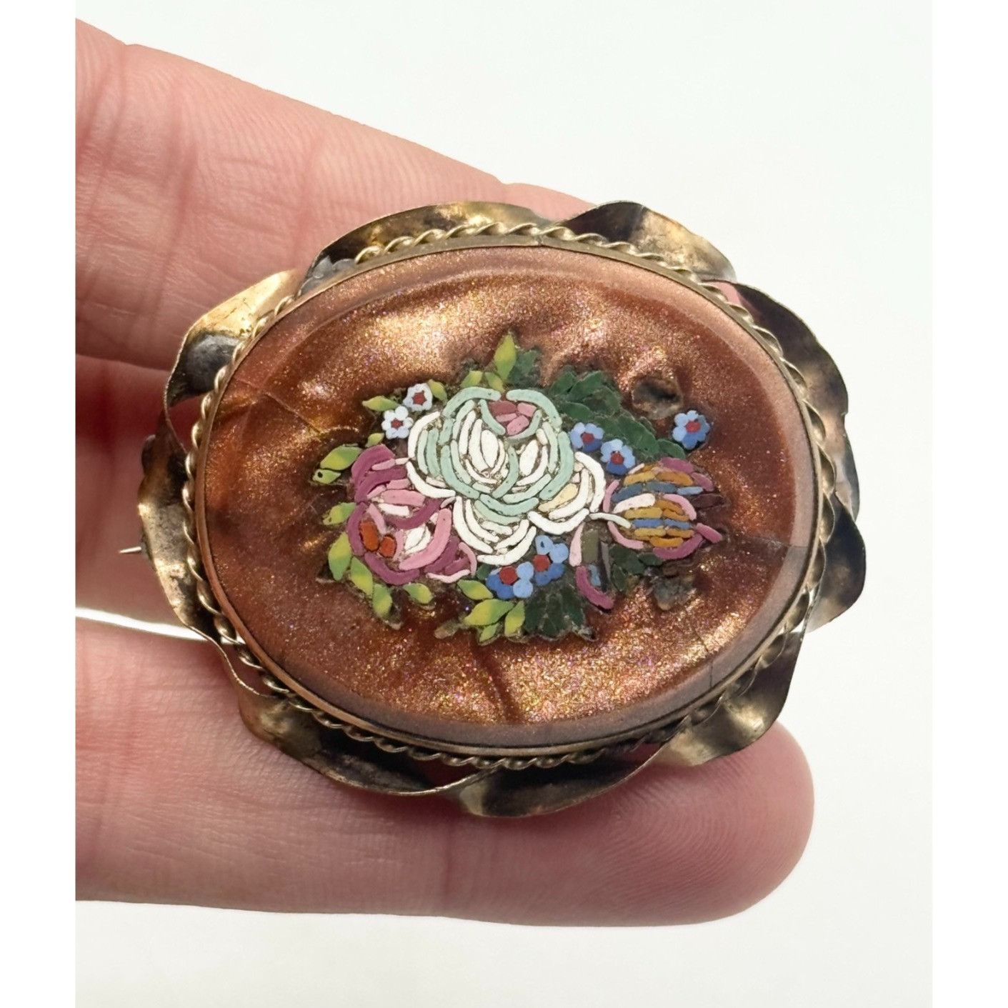 Vintage Antique Victorian Goldstone Micro Mosaic Bezel Brooch Pin Size ONE SIZE - 1 Thumbnail