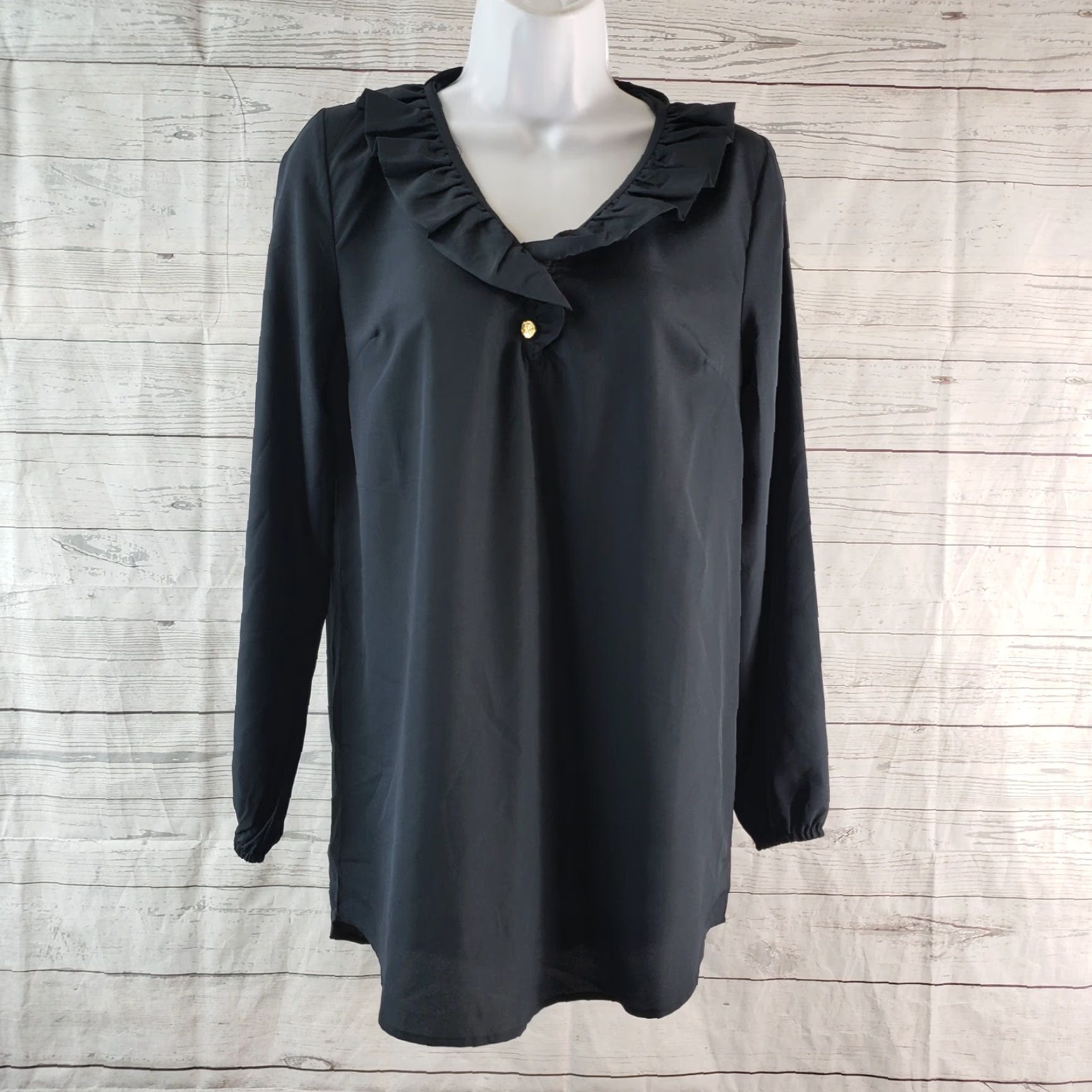 Vintage Mud Pie Blouse Tunic Womens XS Solid Black Long Sleeve Ruffle Neck Size XS / US 0-2 / IT 36-38 - 2 Thumbnail