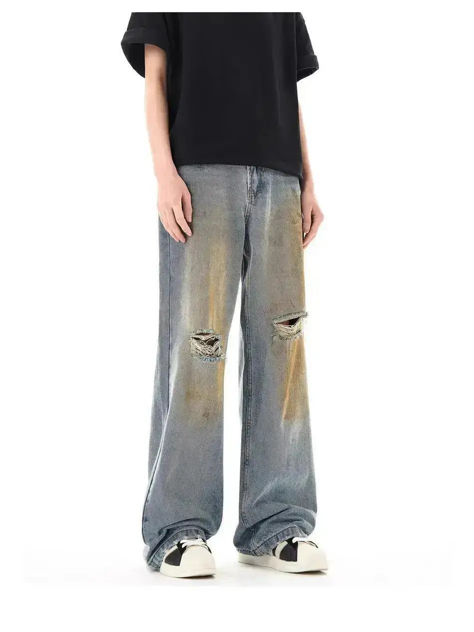 Japanese Brand Retro loose fitting straight leg distressed jeans Size US 32 / EU 48 - 4 Thumbnail