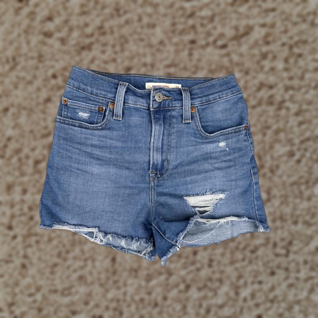 Levi's Levis High Rise Shorts Womens 24x3 Blue Distressed Denim Cutoff Raw Hem Frayed Size 42" / US 20 - 1 Thumbnail