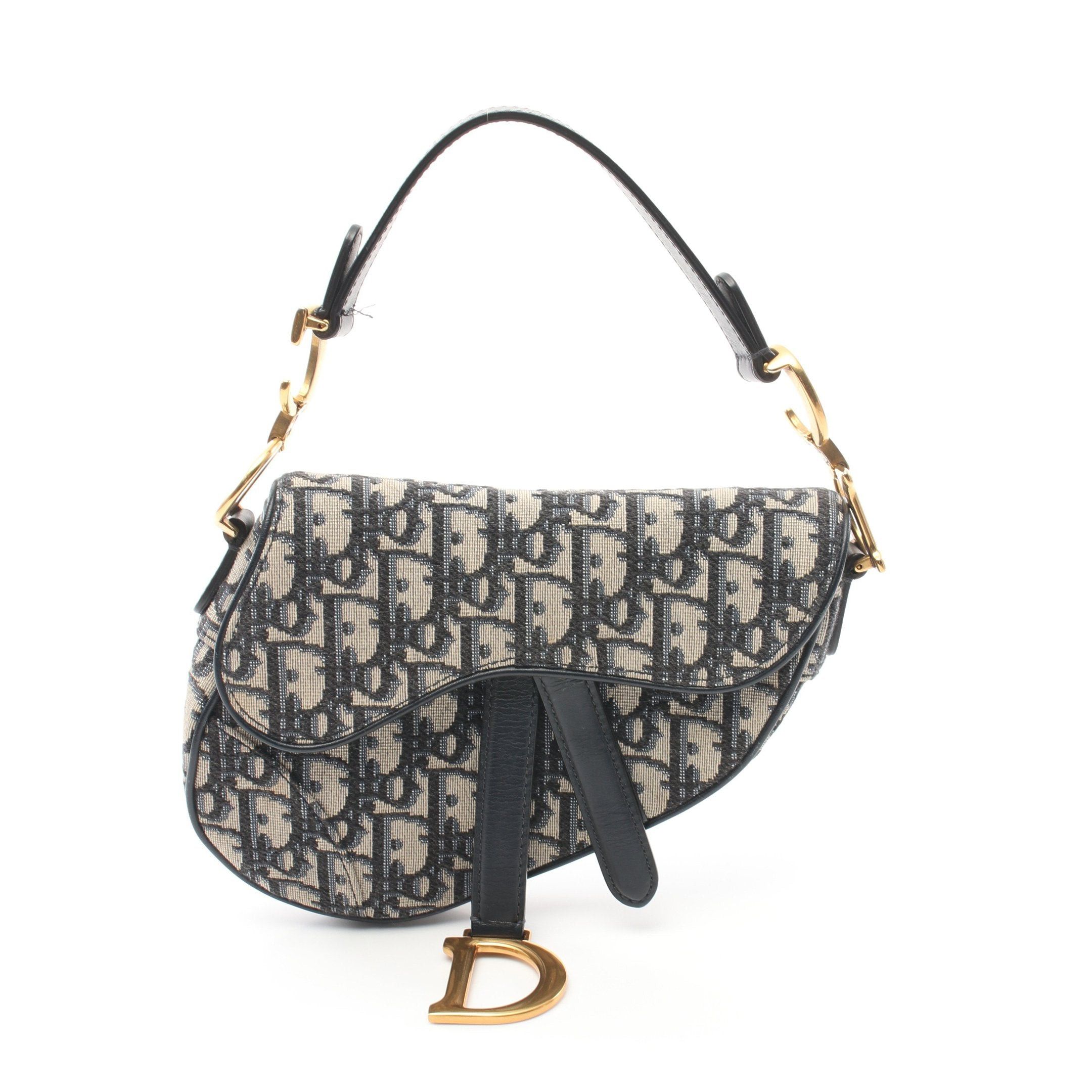 Dior Saddle Bag Oblique Handbag Canvas Leather Beige Navy