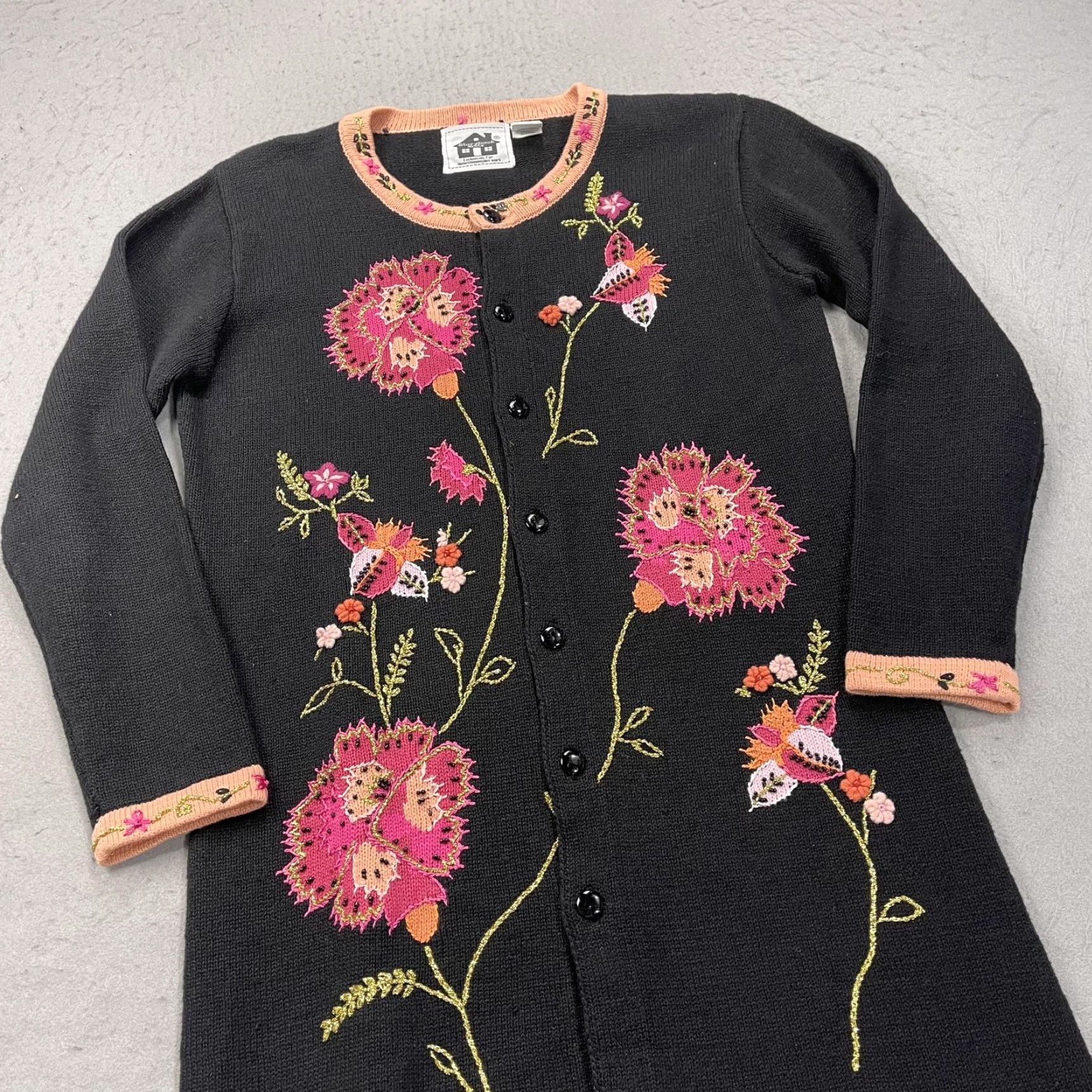 Vintage Storybook Knits Cardigan Sweater Women's Black Floral Embroidered Button-Front Crew Neck Small Knit Autumn Fall - Mens? Size S / US 4 / IT 40 - 3 Thumbnail