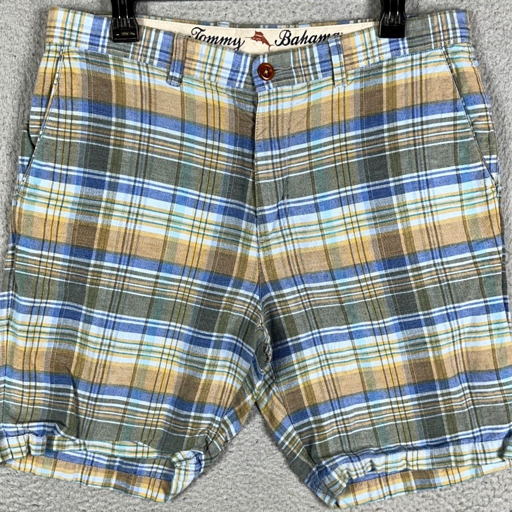 Tommy Bahama Tommy Bahama Plaid Shorts Mens 33 Flat Front Button Logo Multicolor Linen Lyocell Casual Summer Beach Travel Mens Size US 33 - 2 Thumbnail