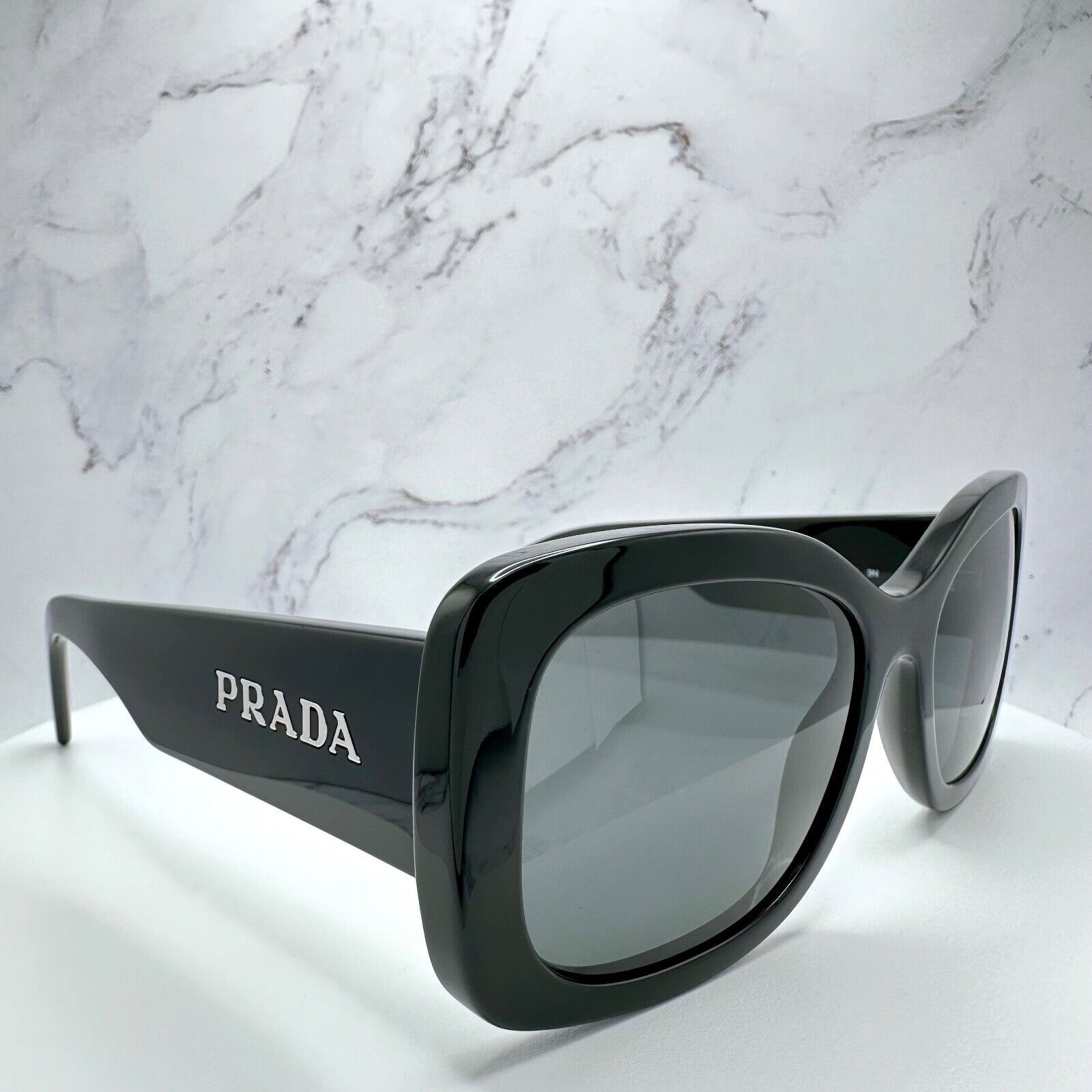 image of Prada Sunglasses Black And Silver Rectangle Square Logo, Men's