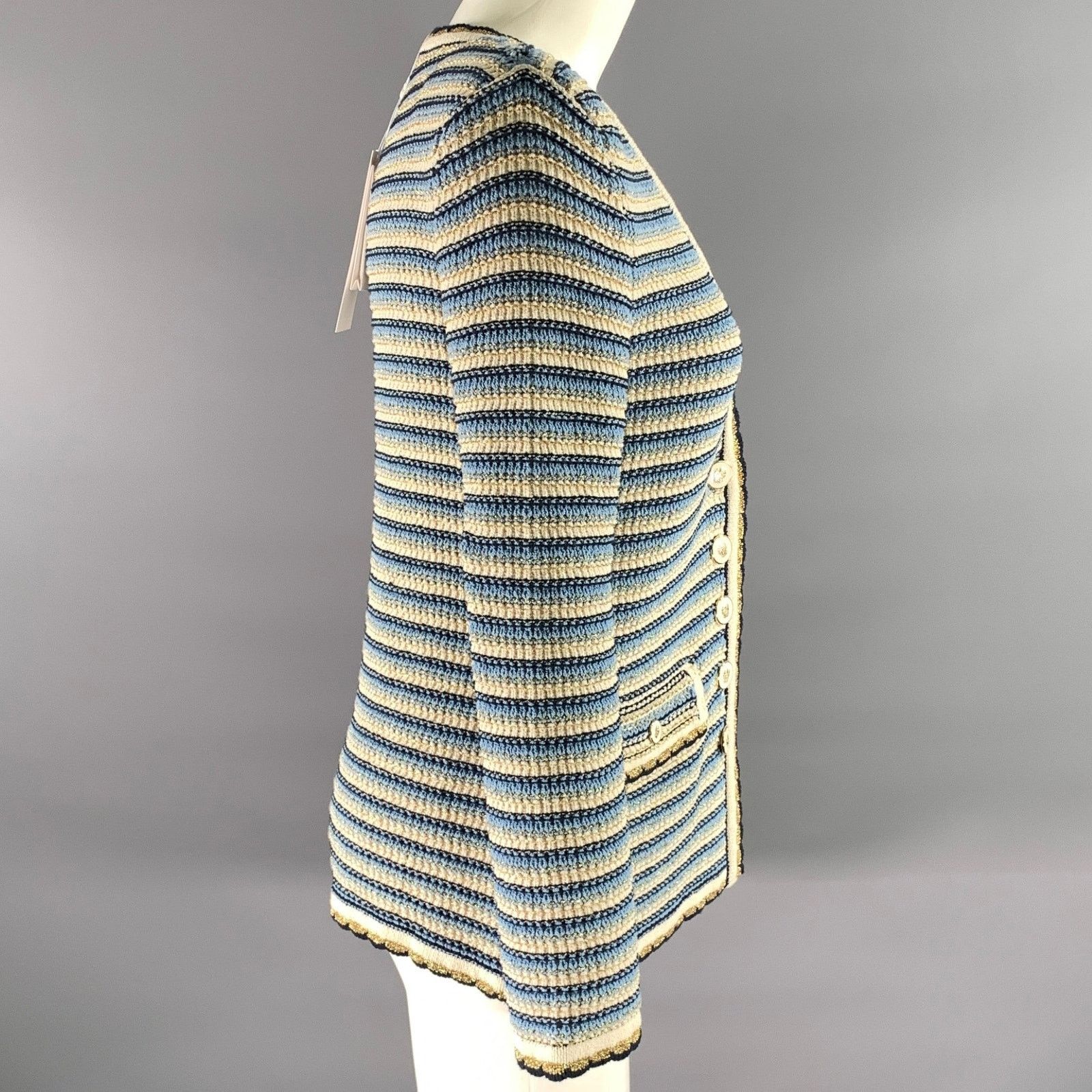 Veronica Beard VERONICA BEARD S Blue White Gold Stripe Cotton Cardigan Size S / US 4 / IT 40 - 3 Thumbnail