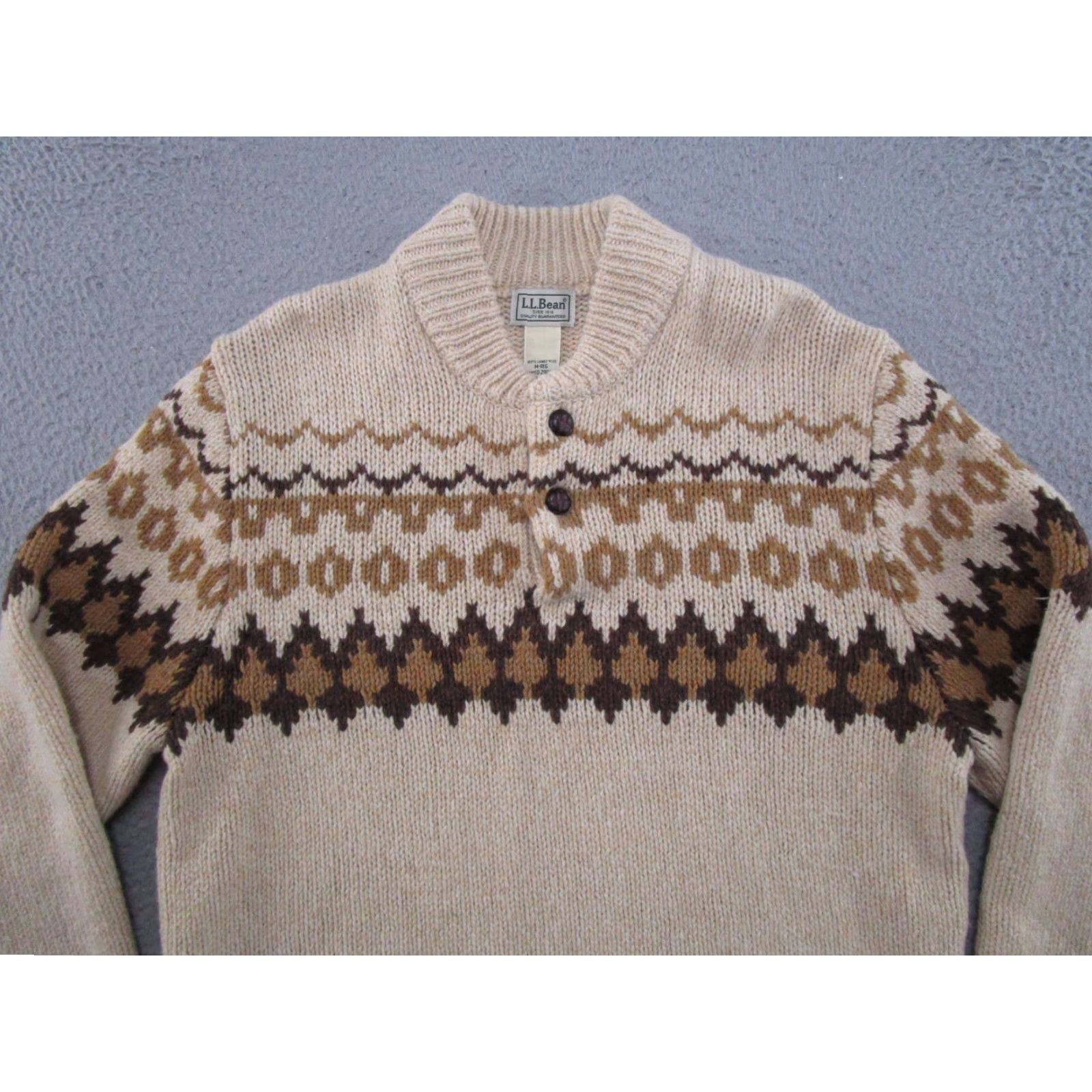 Vintage LL Bean 100% Lambswool Sweater Mens M Brown Fair Isle Henley Knit Pullover Size US M / EU 48-50 / 2 - 3 Thumbnail