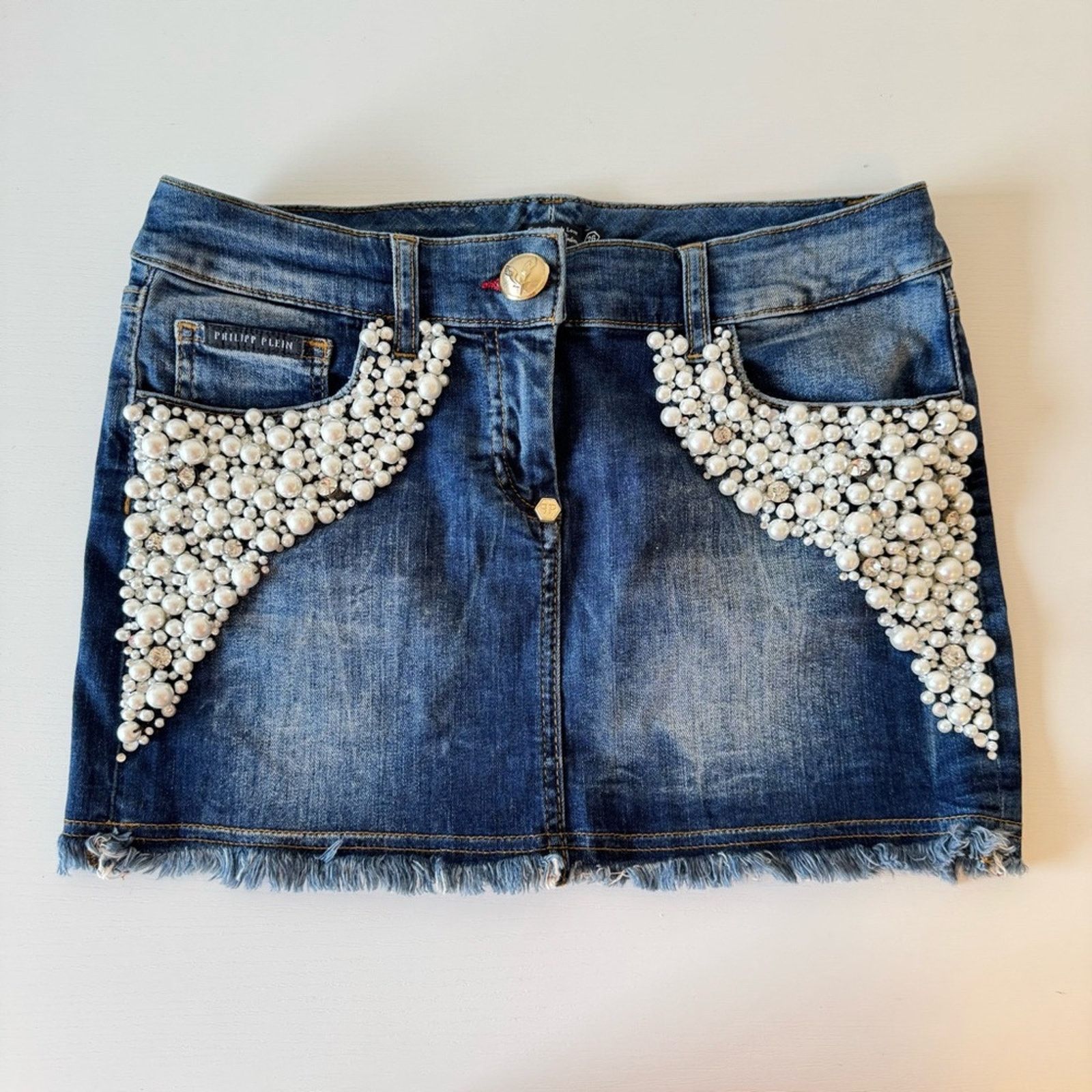 PHILIPP PLEIN Embellished Denim Skirt Pearl Accents, Size 26