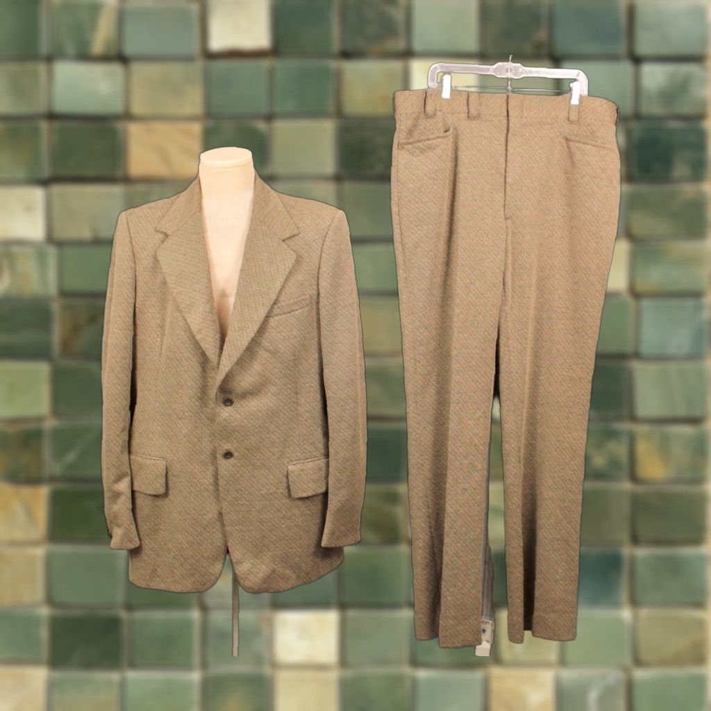 Vintage VINTAGE 70s Leisure Suit Mens XL Long Brown Polyester Disco Jacket & Pants Set 2PC Size 46R - 1 Thumbnail