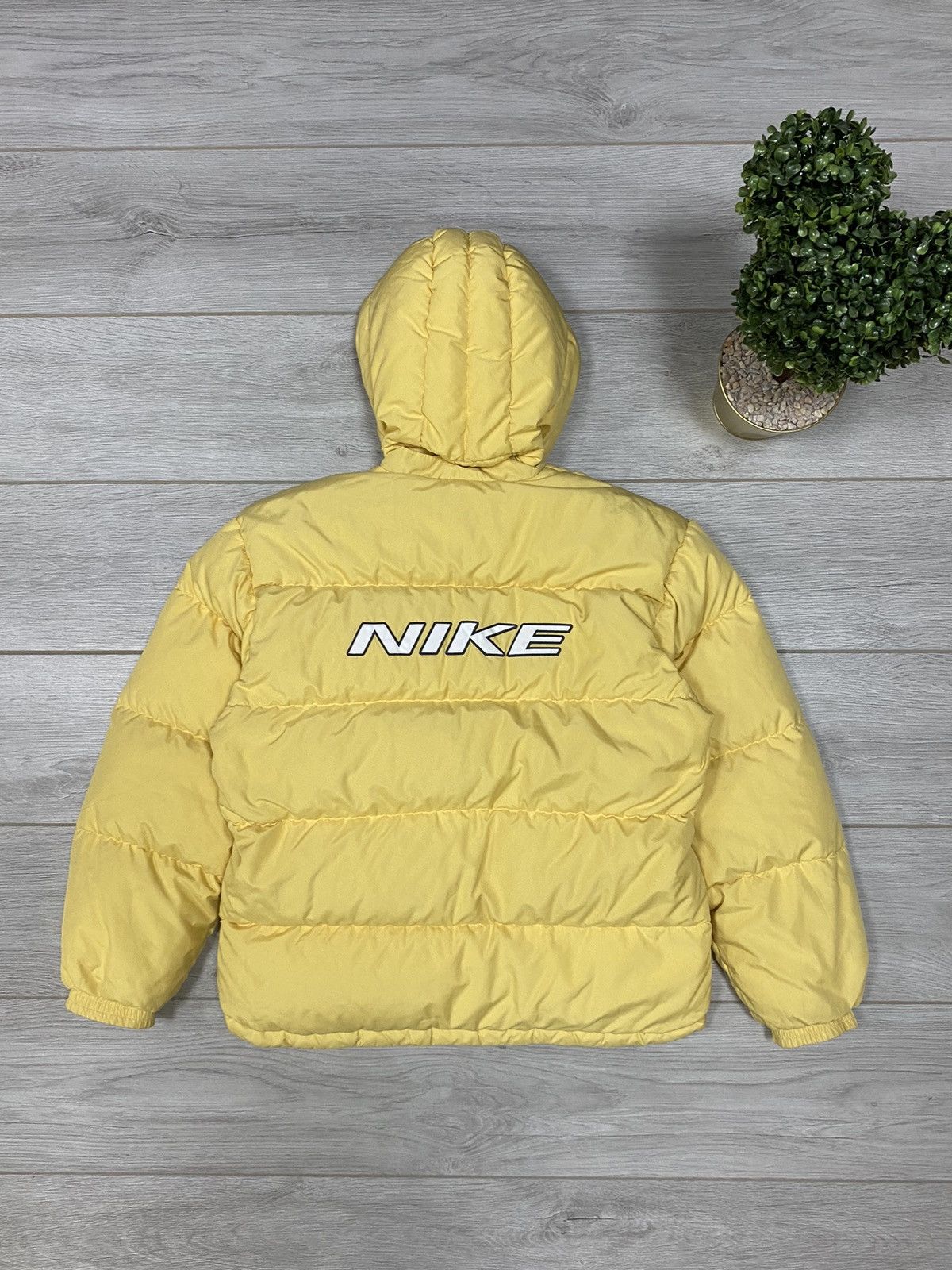 image of 1990X Clothing x Nike Vintage Puffer Big Spell Out Logo Jacket in Yellow, Men's (Size Small)