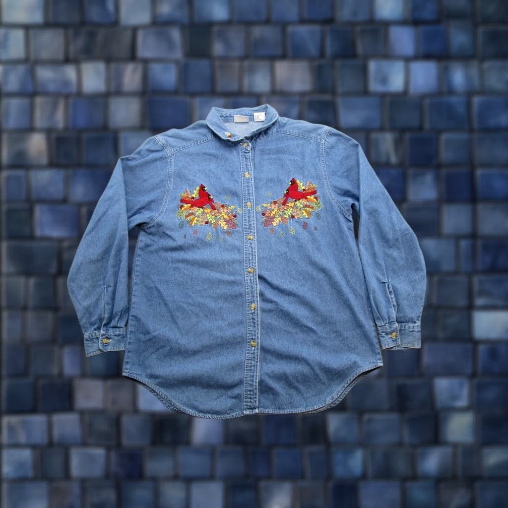 Vintage VINTAGE 90s Bobbie Brooks Embroidered Cardinal Long Sleeve Shirt Blue Size L Womens Size L / US 10 / IT 46 - 1 Thumbnail