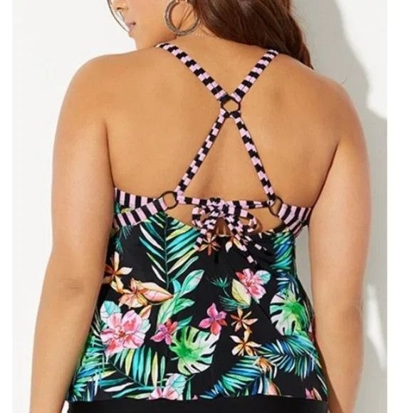 Vintage Swimsuits for All 16 Tropical Floral Pink Black Striped Tank Size XXL / US 16-18 / IT 52-54 - 7 Thumbnail