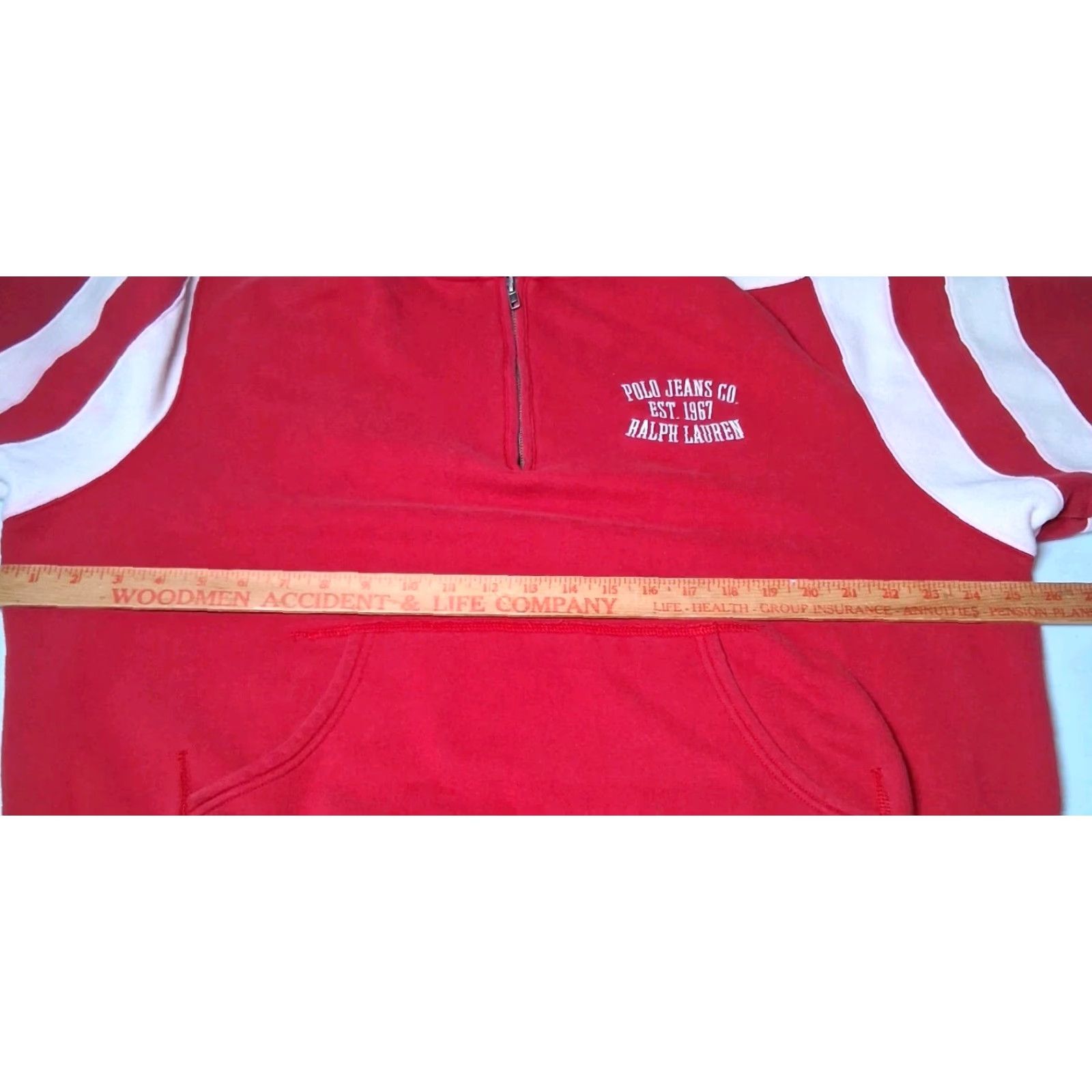 Vintage VINTAGE Ralph Lauren Polo Jeans Sweatshirt Men L Red 1/4 Zip Hoodie Pullover Nautical Preppy Retro Denim Knit Embroidred Stripe Pattern Used Size US L / EU 52-54 / 3 - 3 Thumbnail