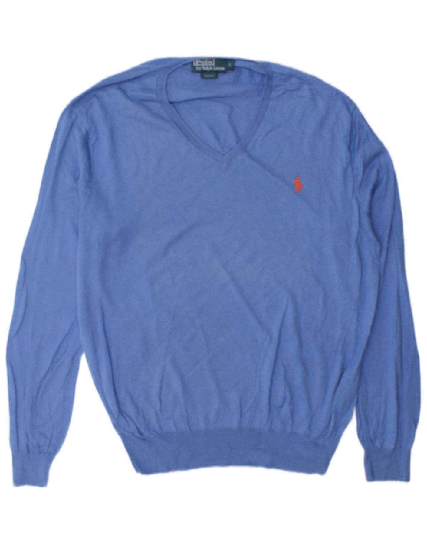 Polo Ralph Lauren Mens Slim Fit V-Neck Jumper Sweater Large Blue Cotton Size US XXL / EU 58 / 5 - 1 Thumbnail