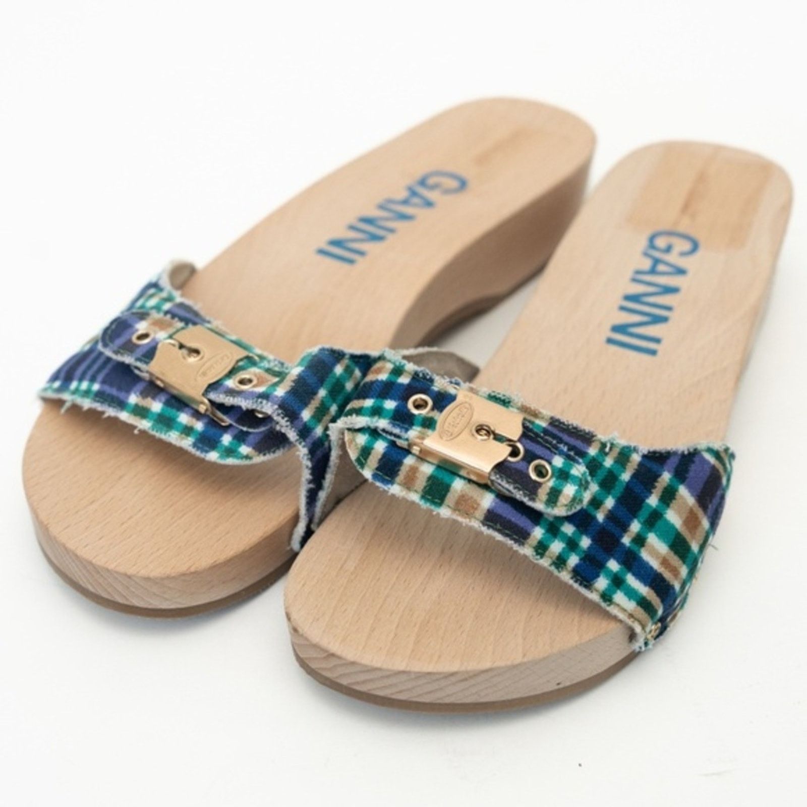 Ganni Ganni X Scholl. Wooden Clogs in Check Blue Iris. Size US 11 / IT 41 - 1 Thumbnail