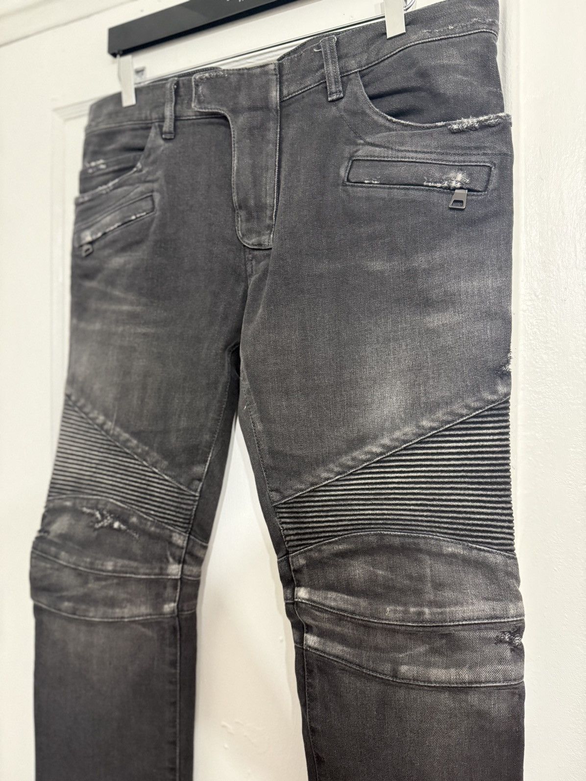 Balmain Distressed Black Biker Denim Size US 33 - 2 Thumbnail