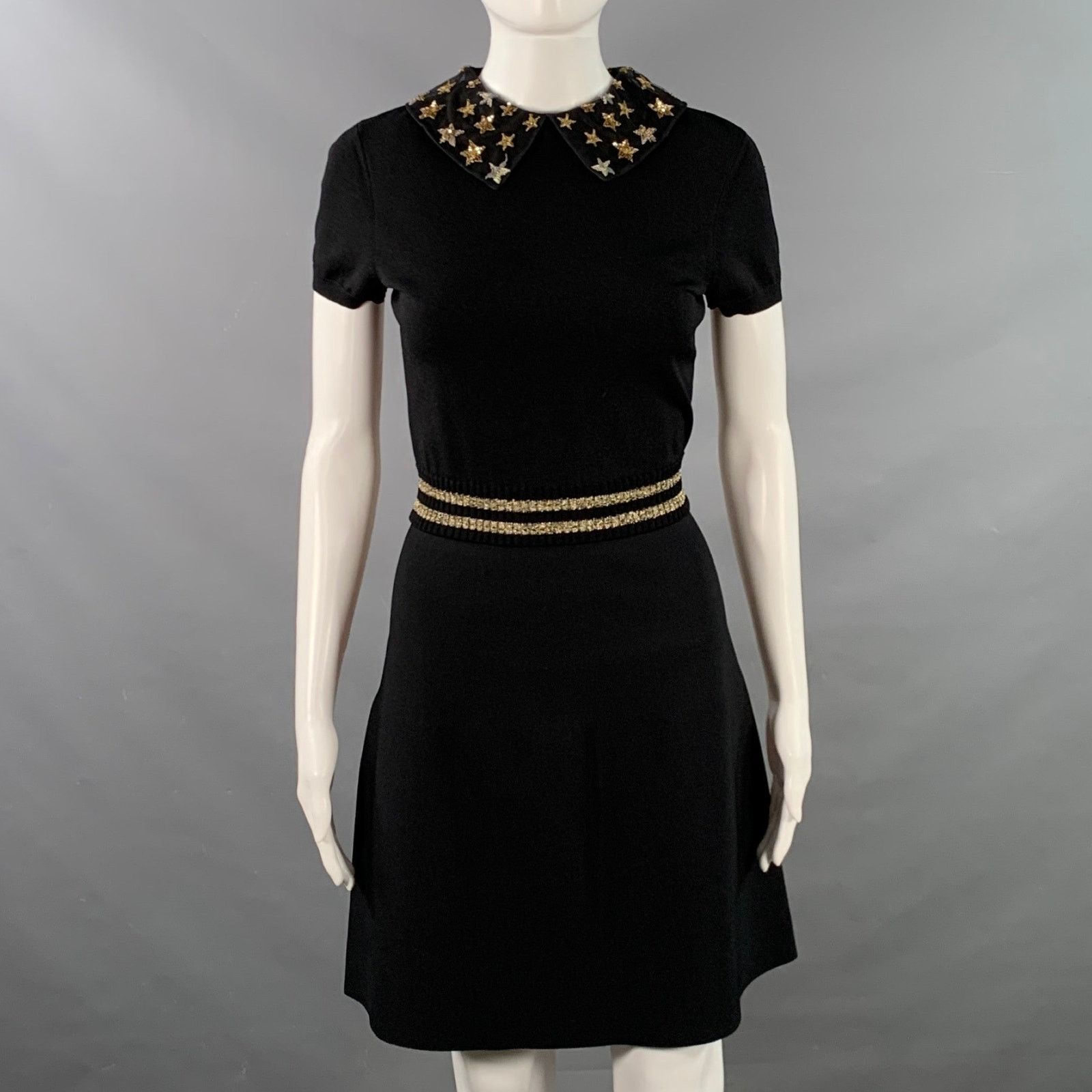 Valentino M Black Gold Viscose Blend Stars Applique Short Sleeve Dress Size M / US 6-8 / IT 42-44 - 1 Thumbnail