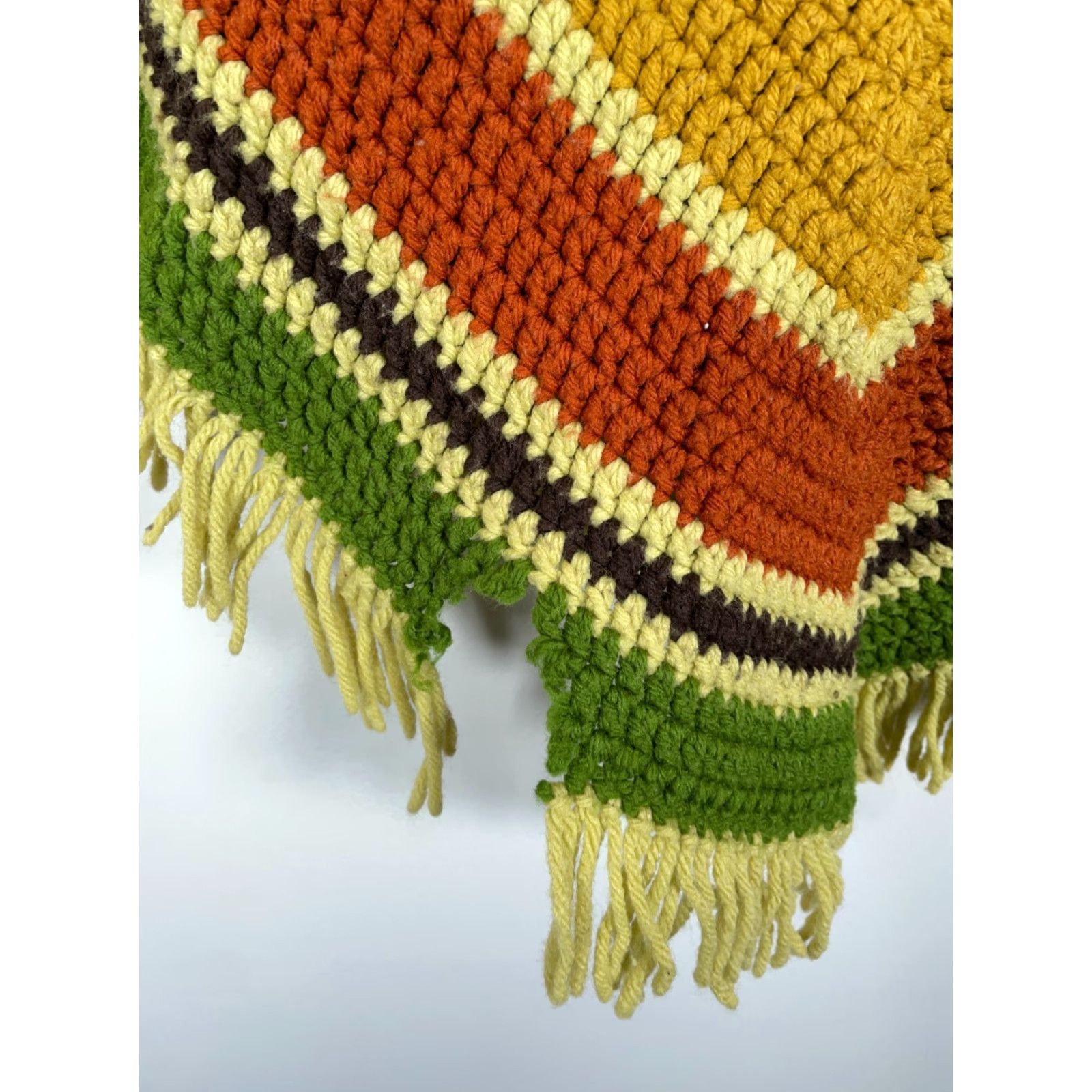 Vintage VINTAGE Handmade Crochet Poncho Women's OS Green Orange Yellow Fringe Grandma Shawl 70s Size ONE SIZE - 3 Thumbnail