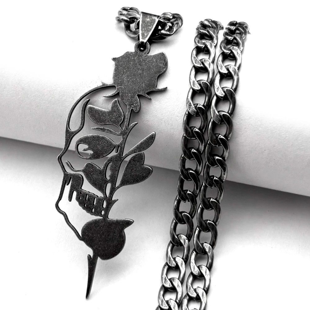 Jewelry Hollow Gothic Skull Rose Flower Pendant Charms Necklace Size ONE SIZE - 1 Thumbnail