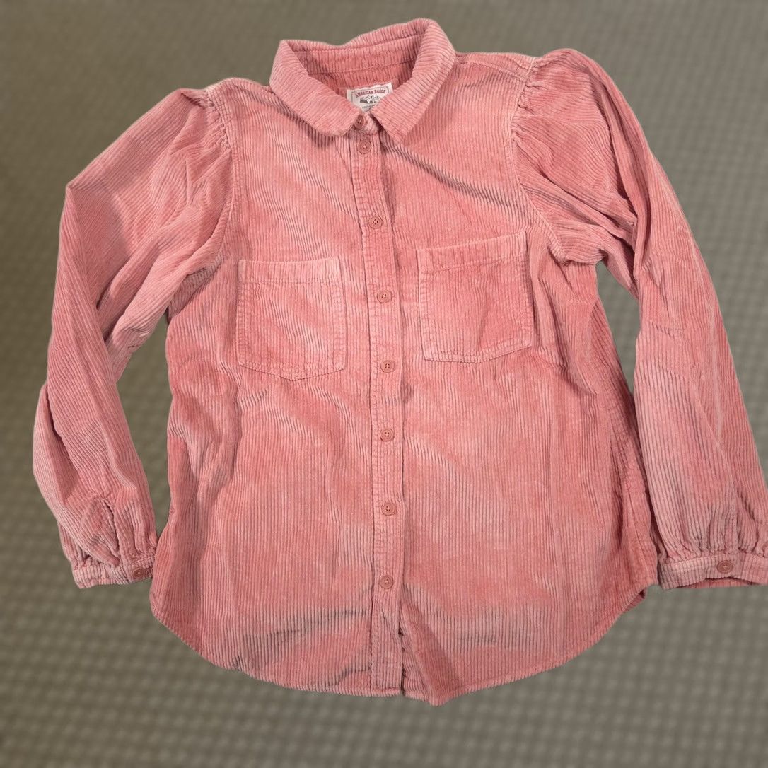 American Eagle Outfitters American Eagle Outfitters Button Up Shirt Womens M Pink Corduroy Puff Sleeve Size M / US 6-8 / IT 42-44 - 1 Thumbnail