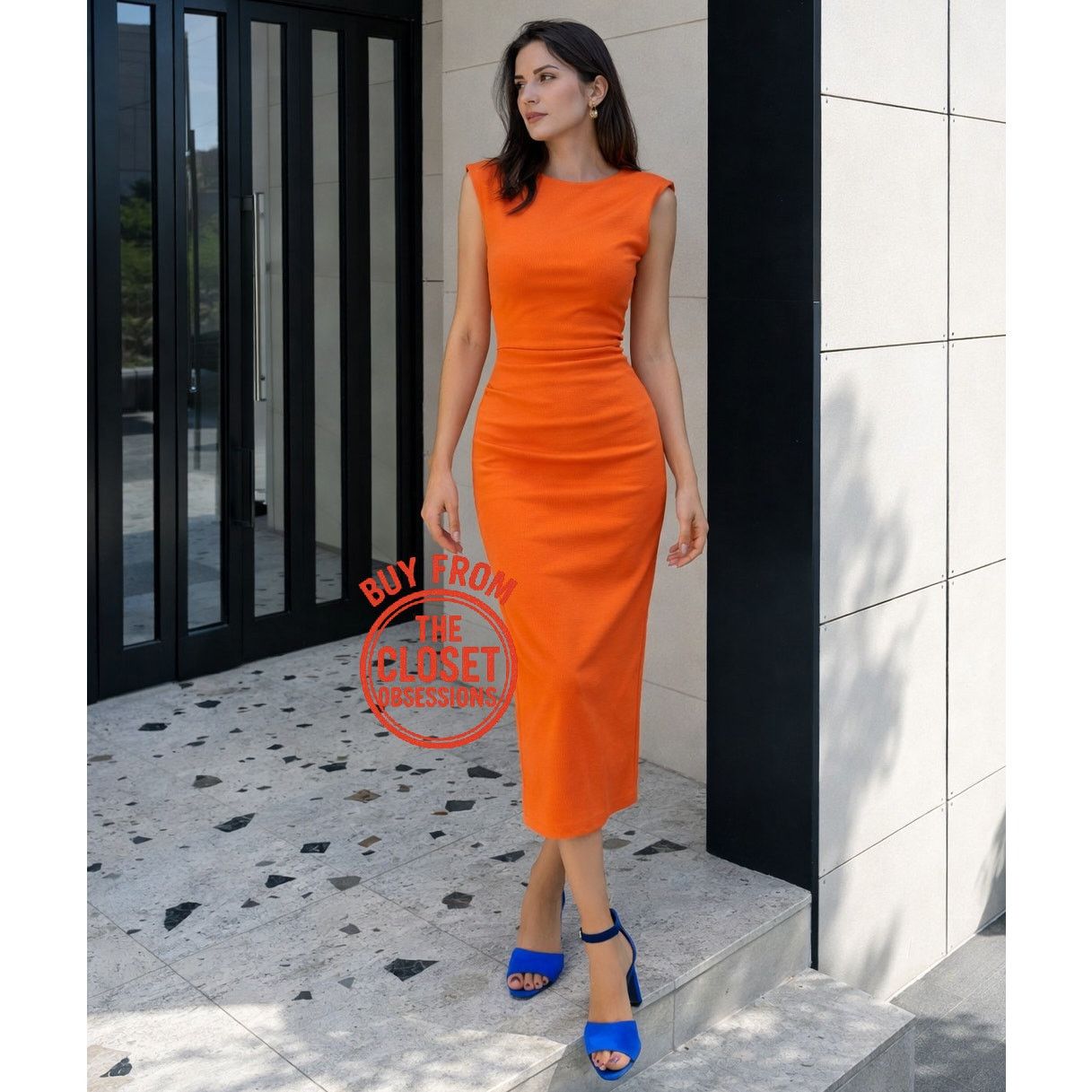 ZARA Orange Fitted Midi Dress NWT