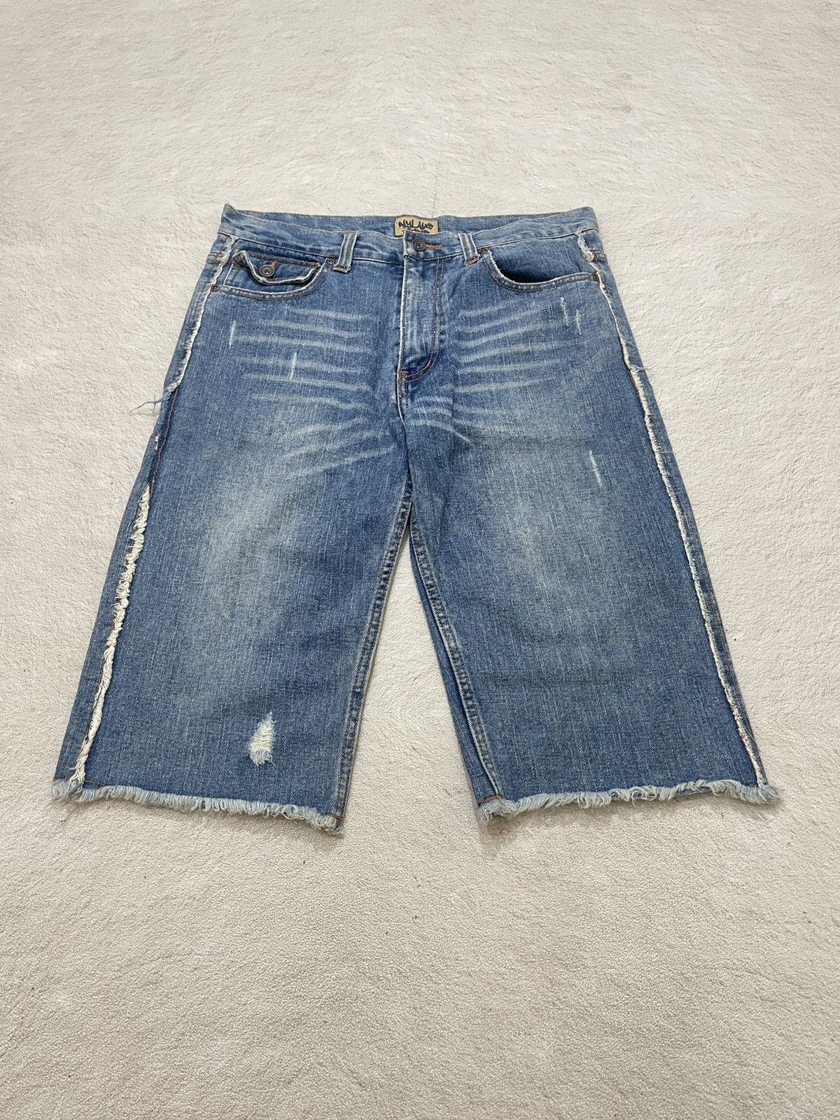 Japanese Brand 2000s Nylaus Jorts Distressed Denim Ripped Mudwash Y2K Size US 33 - 1 Thumbnail