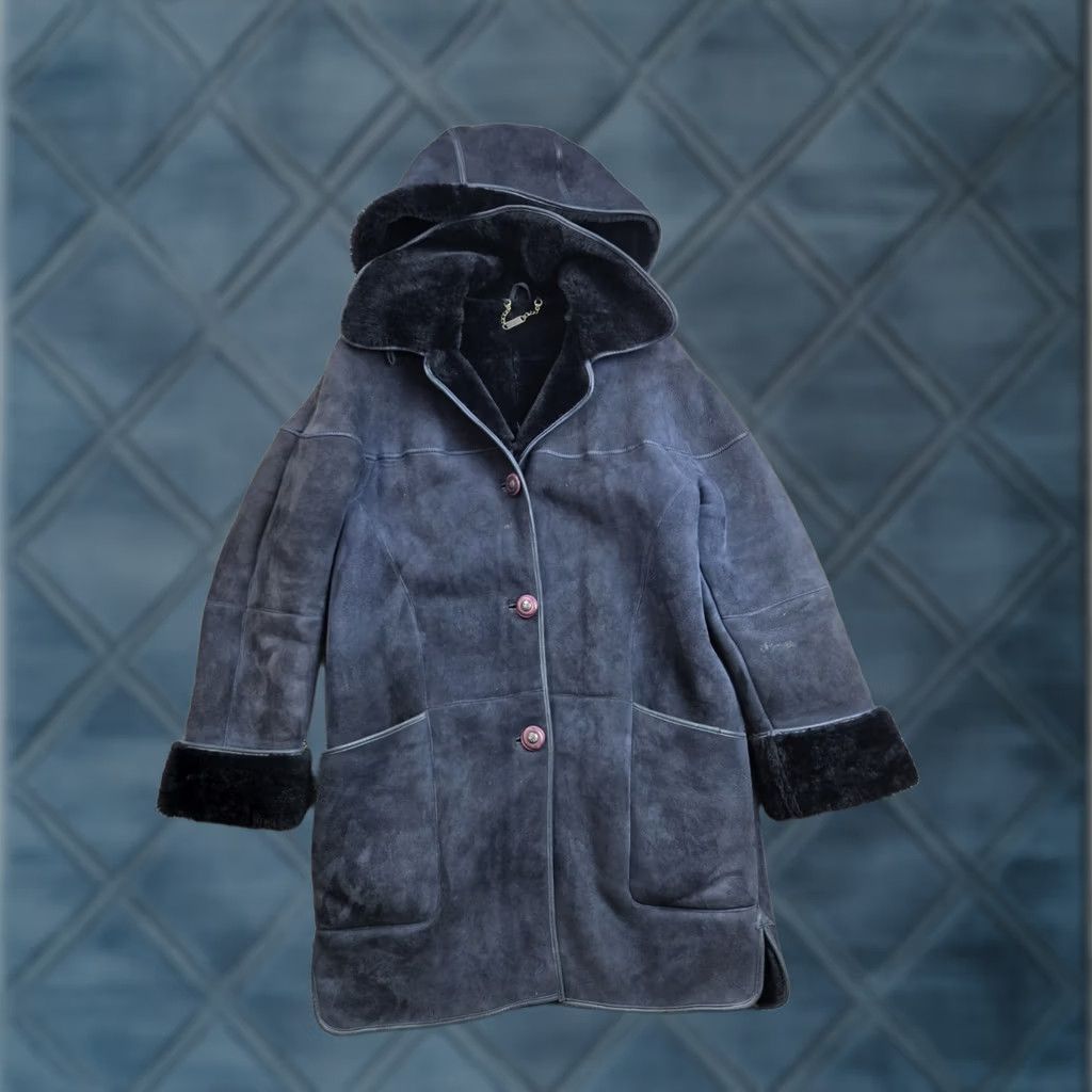 Vintage VINTAGE Paolo Framinco Shearling Car Coat XS Mens Blue Suede Hooded Heavyweight Coat Long Overcoat Wool Lining 90s Mens Size US XS / EU 42 / 0 - 1 Thumbnail