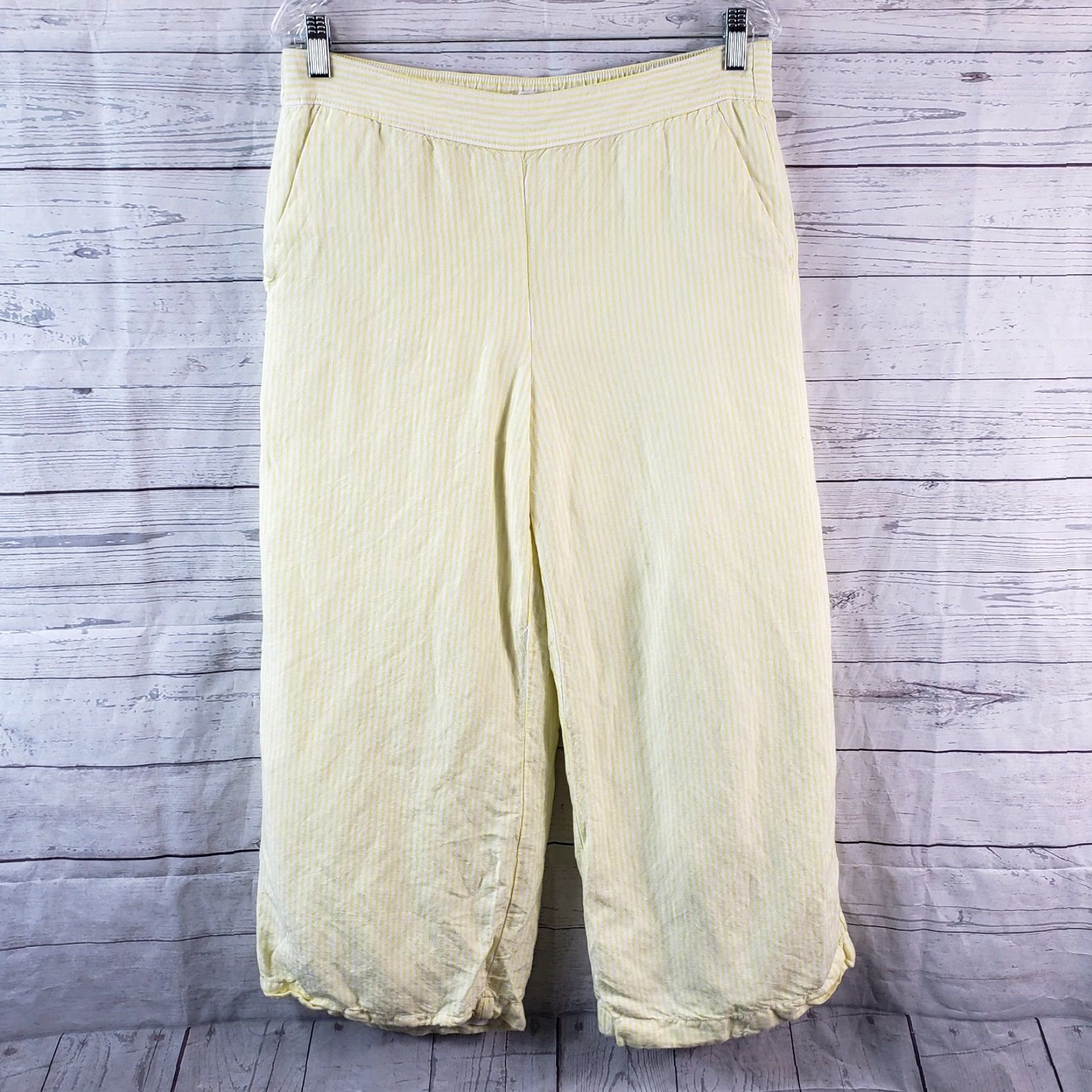 Ann Taylor VINTAGE Ann Taylor LOFT Womens Crop Wide Leg Pants Sz Medium Yellow Stripe Linen Blend Size 32" / US 10 / IT 46 - 2 Thumbnail