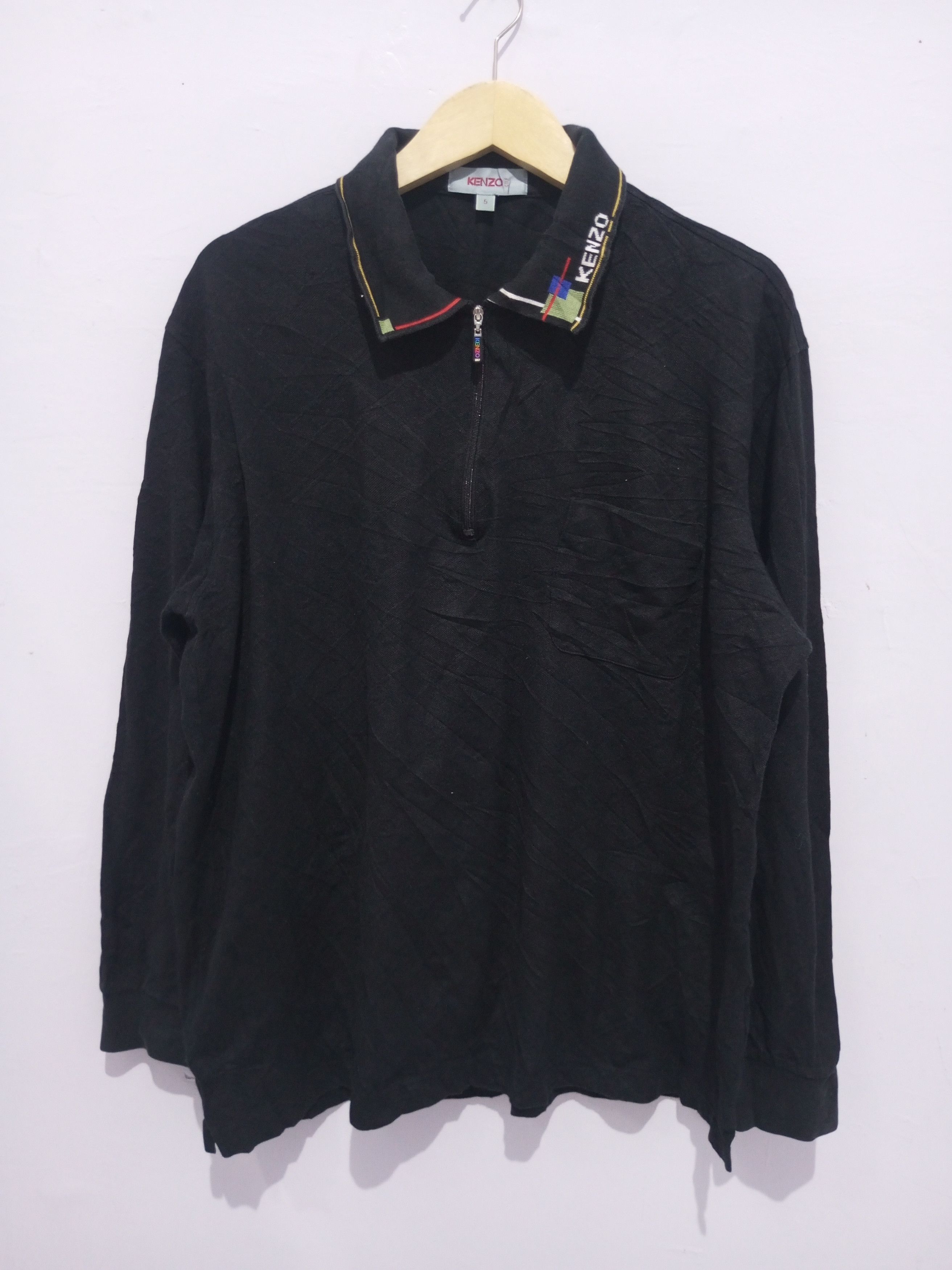 image of Kenzo Golf Half Zip Long Sleeve Polo Shirt in Black, Men's (Size XL)