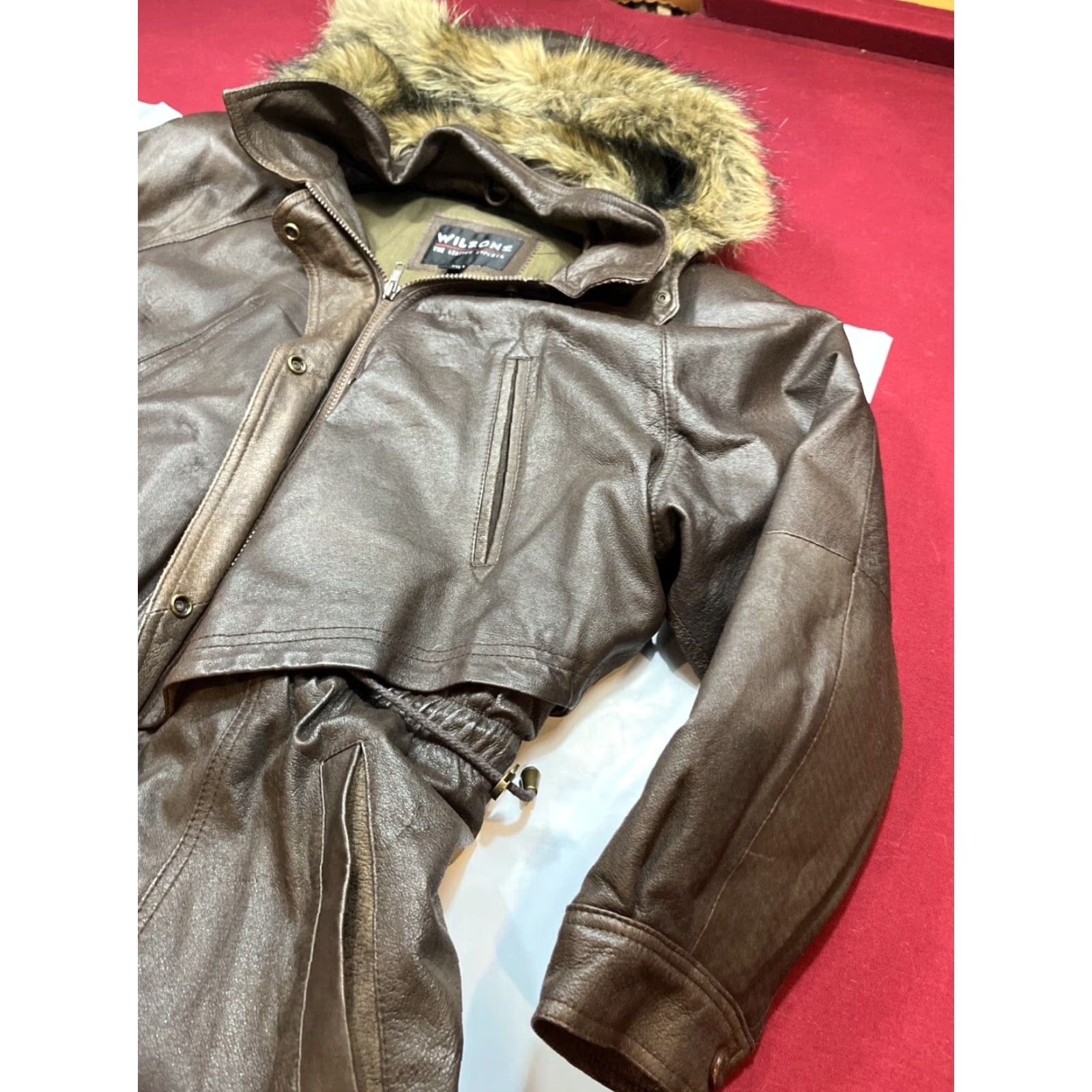 Vintage VINTAGE Wilson’s Leather Brown Leather Jacket Zip Snap Lined Fur Hooded Cinch Ties M Size M / US 6-8 / IT 42-44 - 5 Thumbnail