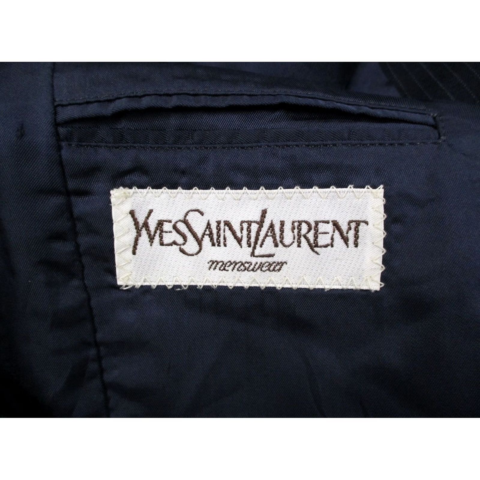 Yves Saint Laurent VINTAGE Yves Saint Laurent Blazer Jacket Mens 42 Navy Striped Tuxedo Style Four-Button Two-Button Inner Pockets Blue Cotton Casual Business Jacket Size 42R - 7 Thumbnail