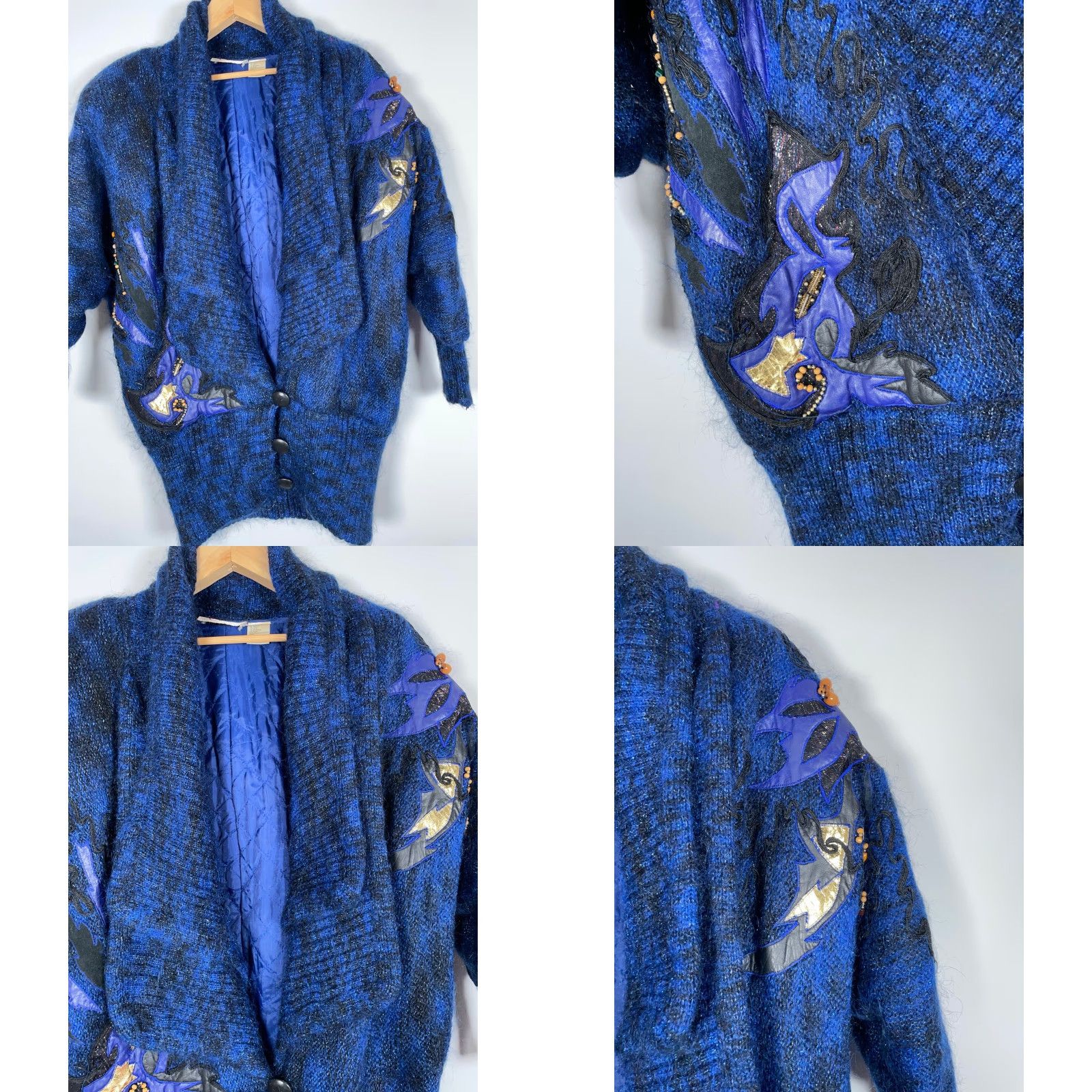 Vintage VINTAGE Edwards Cardigan Women's One Size Blue Mohair Oversized Shawl Collar Leather Trim Knitted Casual 90s Style Size ONE SIZE - 8 Thumbnail