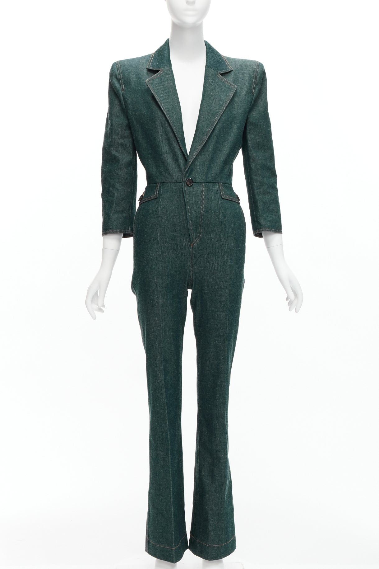 Saint Laurent Paris SAINT LAURENT 2022 Runway Look 39 blue denim pocketed power shoulder jumpsuit FR34 XS Size 26" / US 2 / IT 38 - 1 Thumbnail