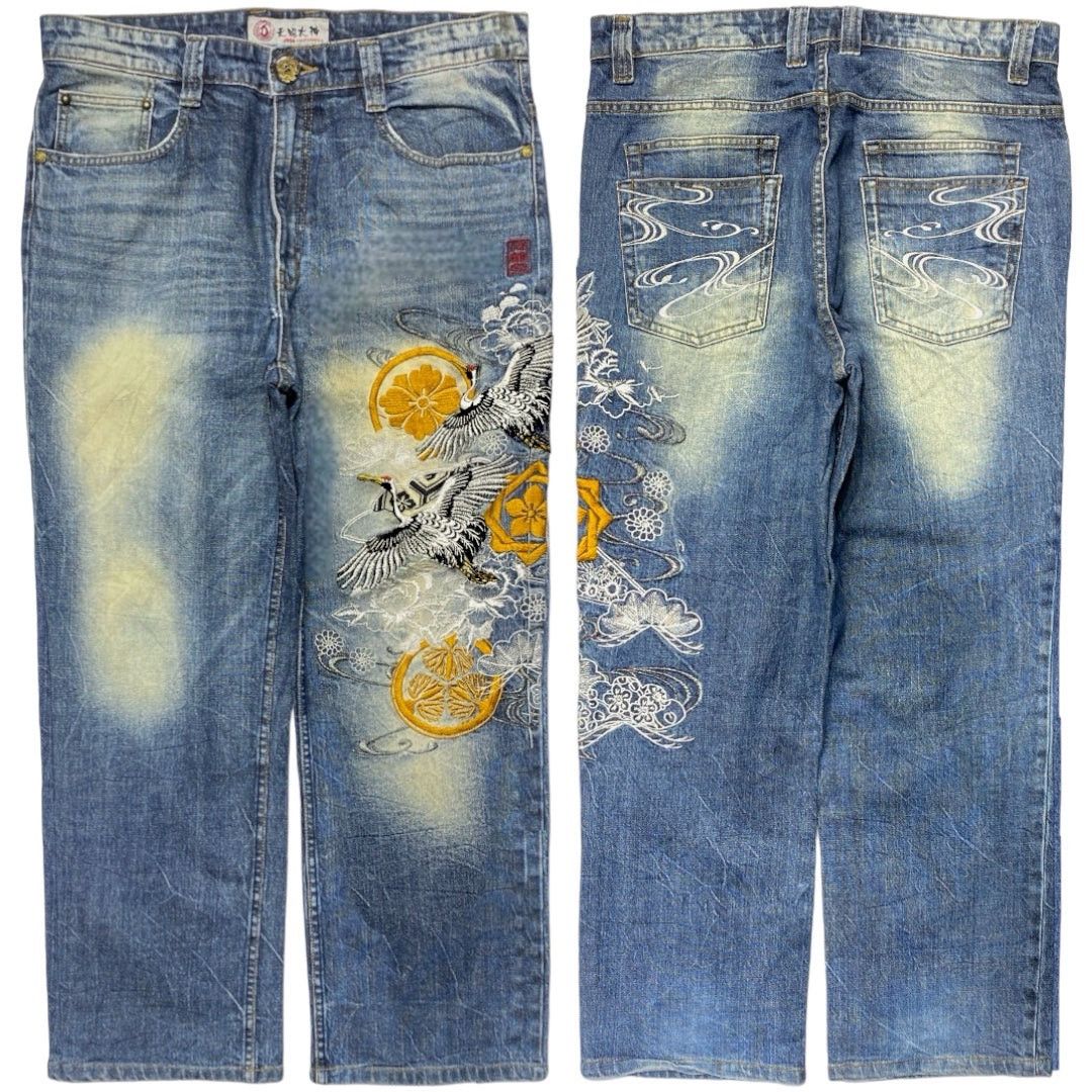 image of Vintage Japanese Swan Embroidered Jeans [36-34] in Blue, Men's