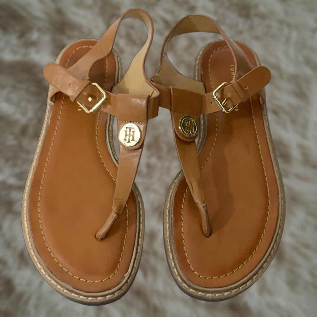 Tommy Hilfiger Tommy Hilfiger Sandals Brown TH Logo Leather Straps Women Size 7.5M Shoes Slip-On Size US 8 / IT 38 - 1 Thumbnail