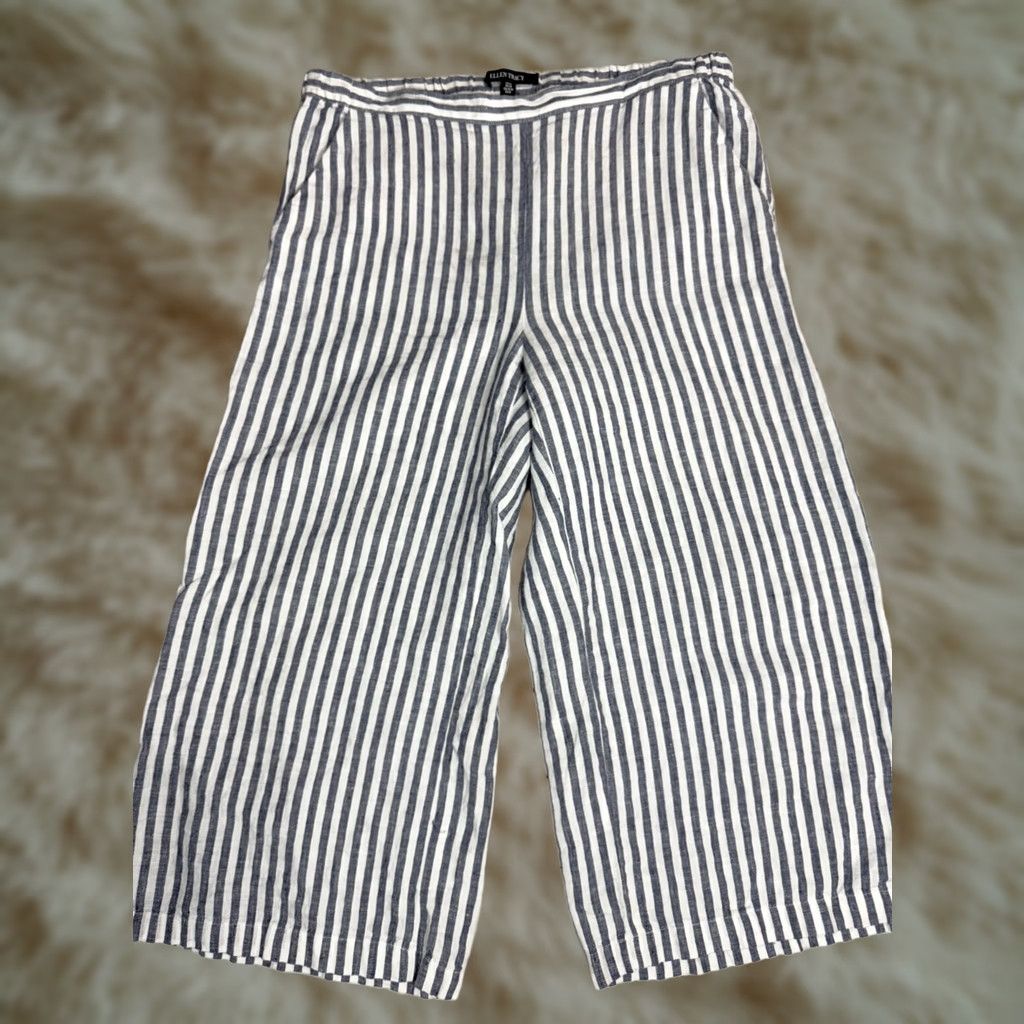 Ellen Tracy Ellen Tracy Blue White Stripe Wide-Leg Linen Crop Pants Lounge Pull On Relaxed M Women Pants Linen Stripe Wide-Leg Cropped Navy White Bluish Size 32" / US 10 / IT 46 - 1 Thumbnail