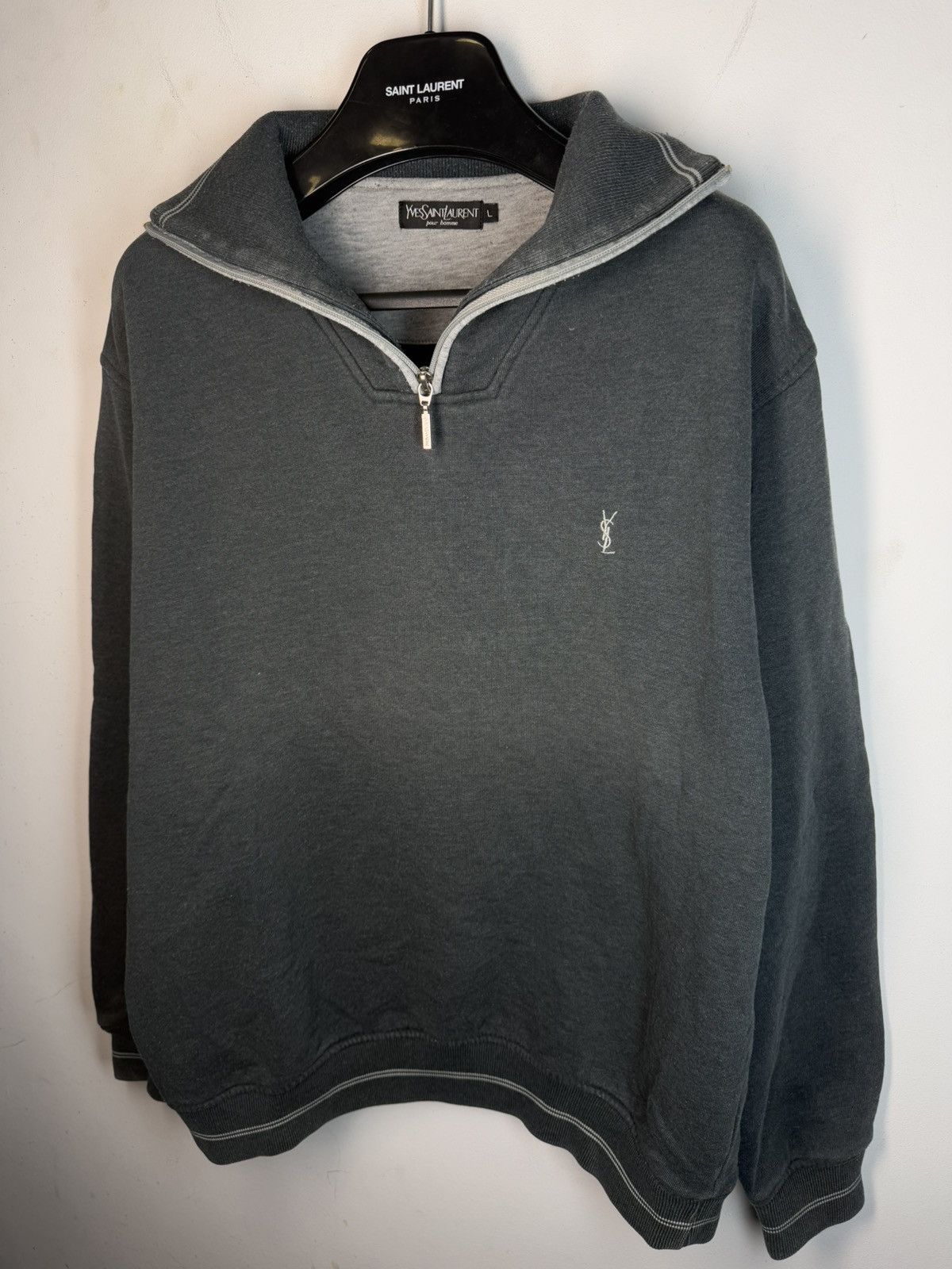 Yves Saint Laurent 90s YSL Sweatshirt 1/4 Quarter Zip Grey Sweater Vintage Size US L / EU 52-54 / 3 - 2 Thumbnail