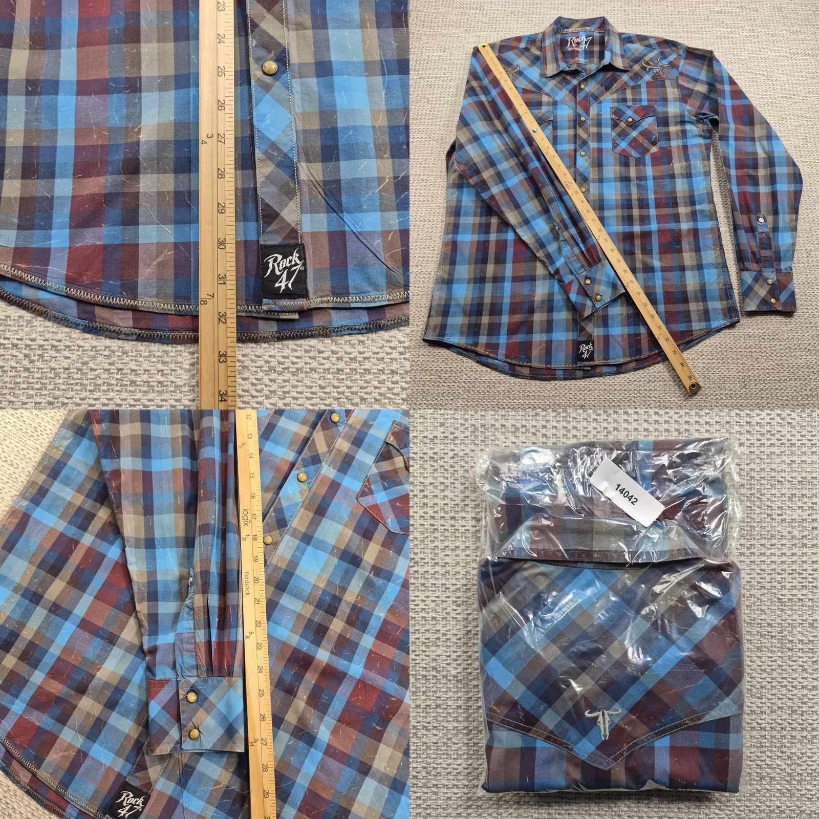 47 Rock 47 Wrangler Shirt Mens XL Blue Plaid Long Sleeve Western Snap Embroidered Size US XL / EU 56 / 4 - 9 Thumbnail